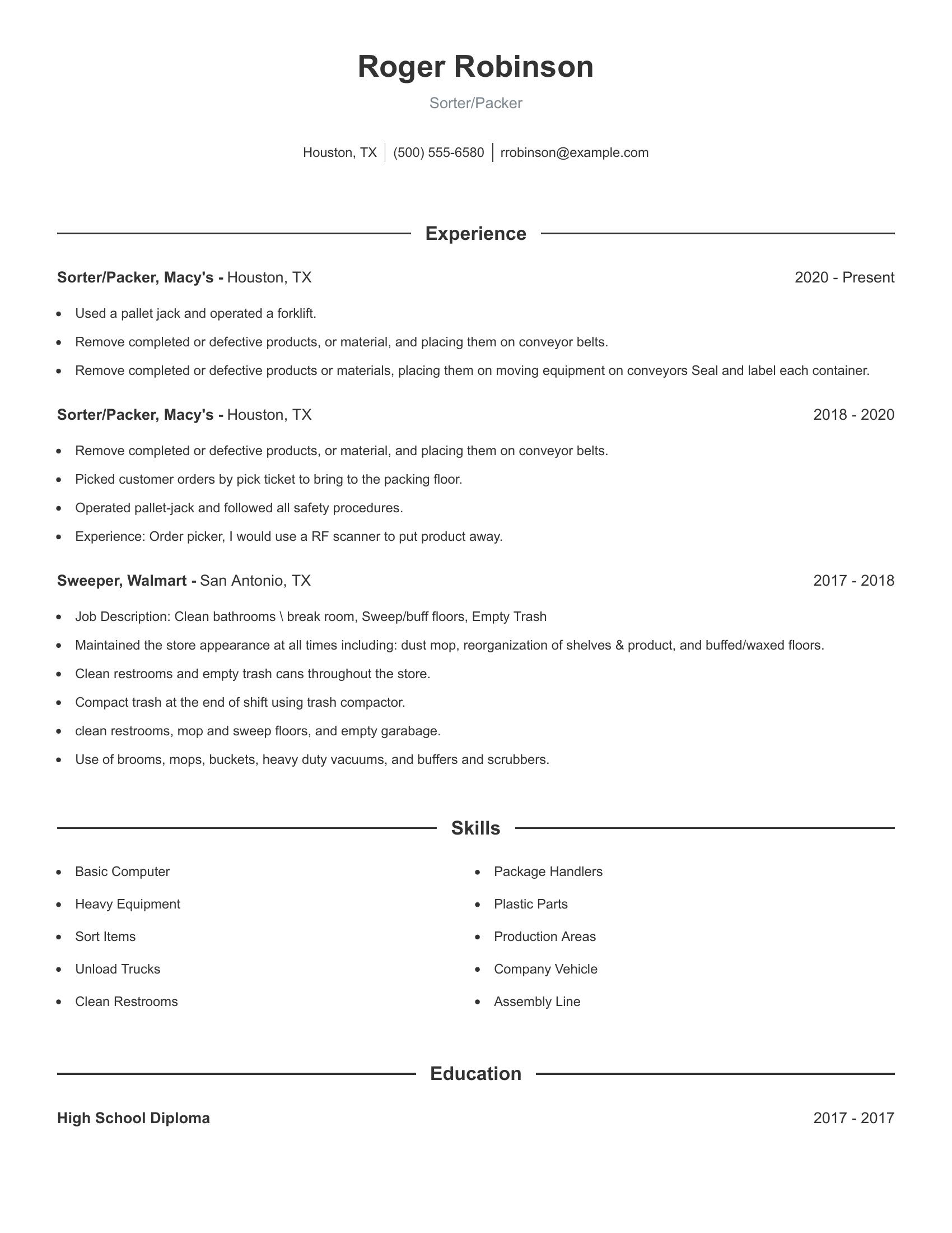 Sorter/Packer resume example