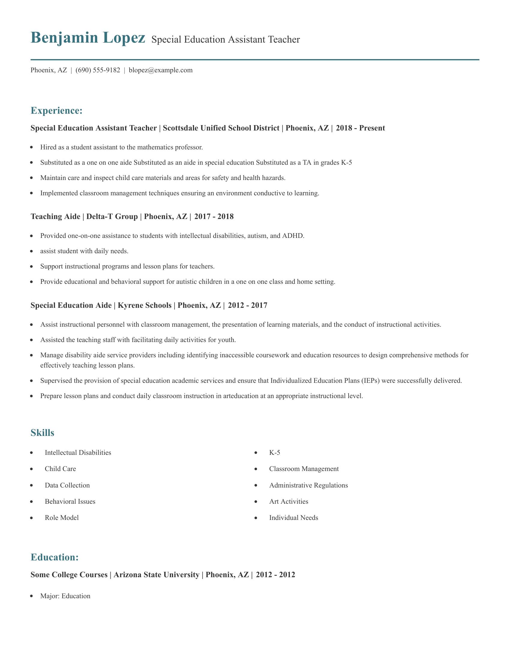 Special Education Assistant Teacher resume example