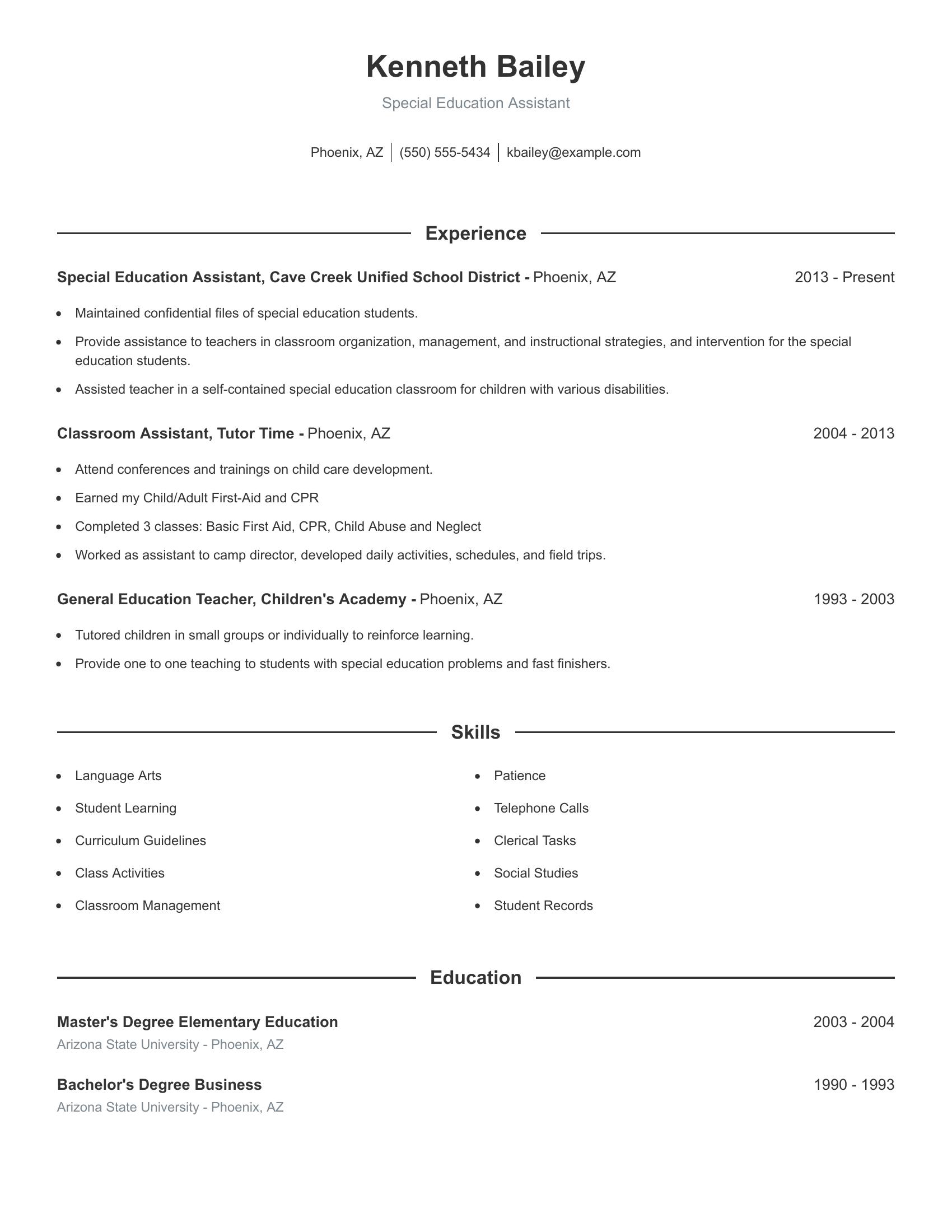 Special Education Assistant resume example