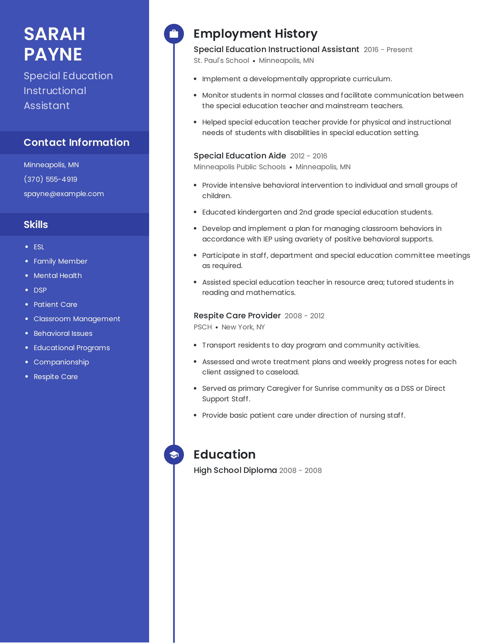 Special Education Instructional Assistant resume example