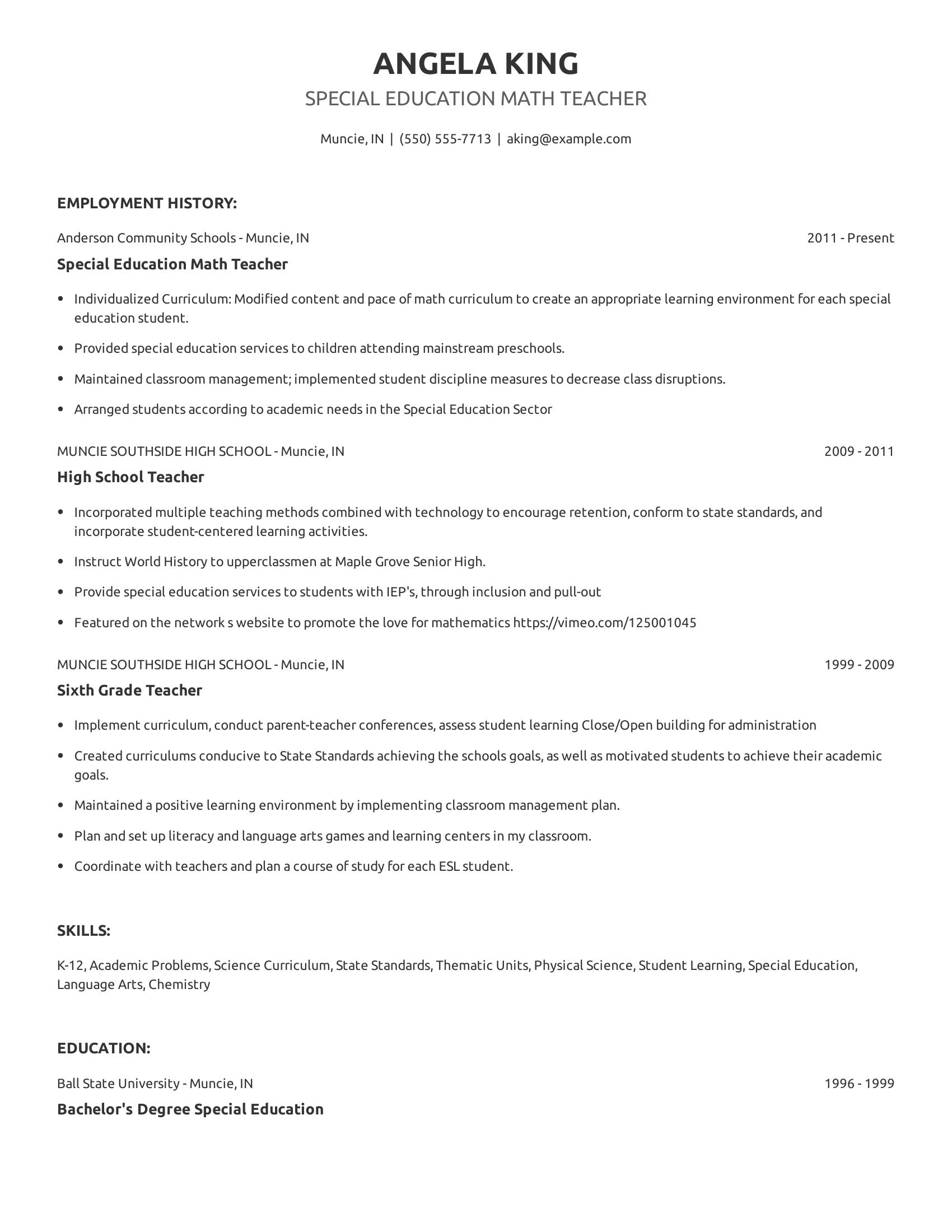 Special Education Math Teacher resume example