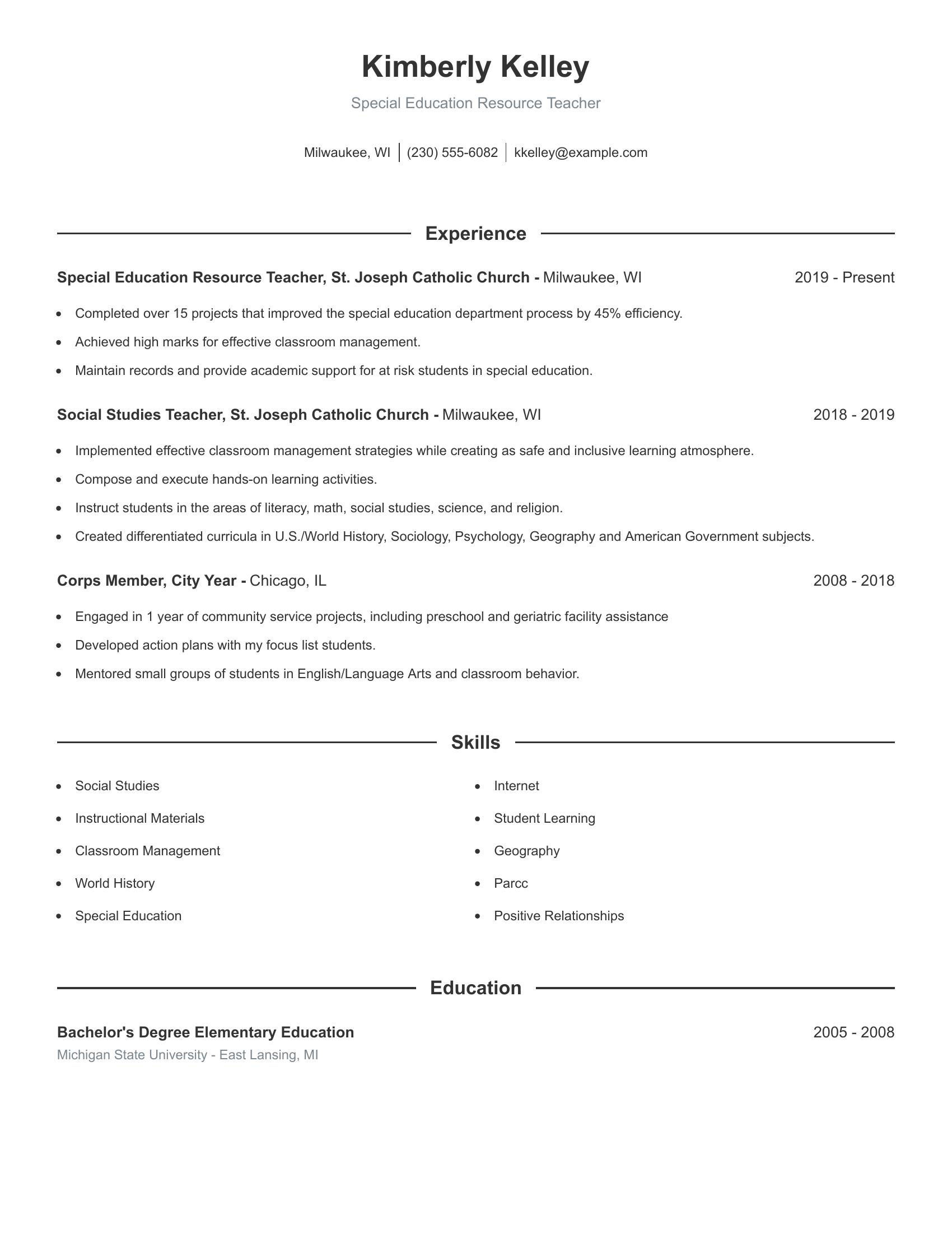 Special Education Resource Teacher resume example