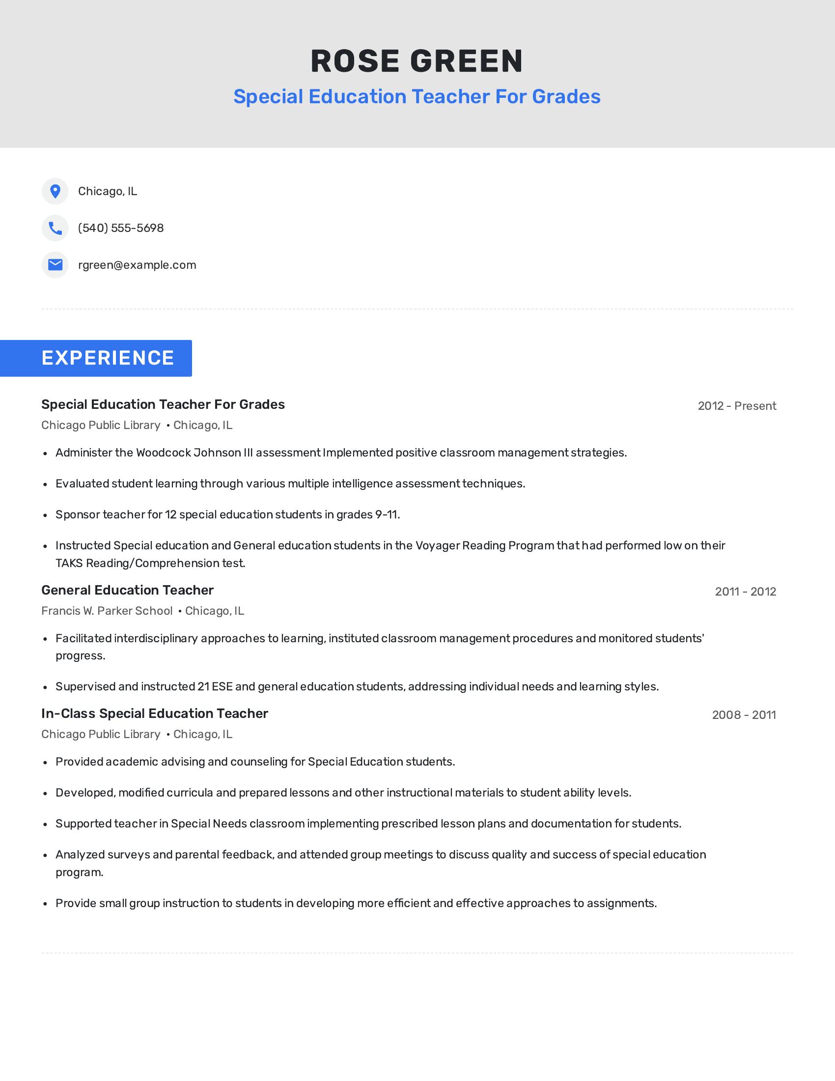 Special Education Teacher For Grades resume example