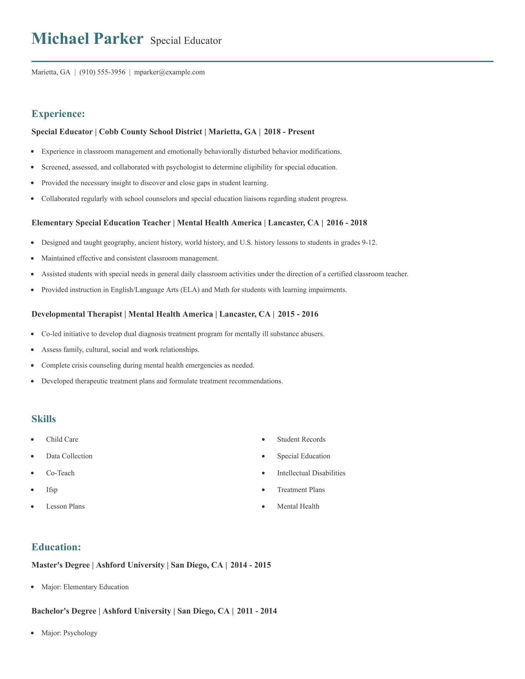 Special Educator resume example