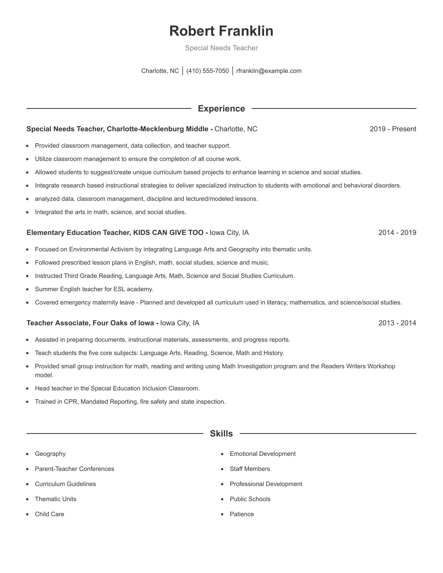 Special Needs Teacher resume example