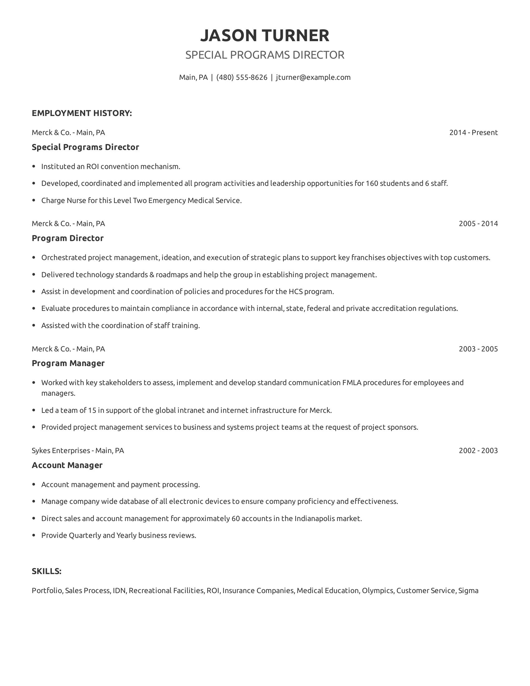 Special Programs Director resume example