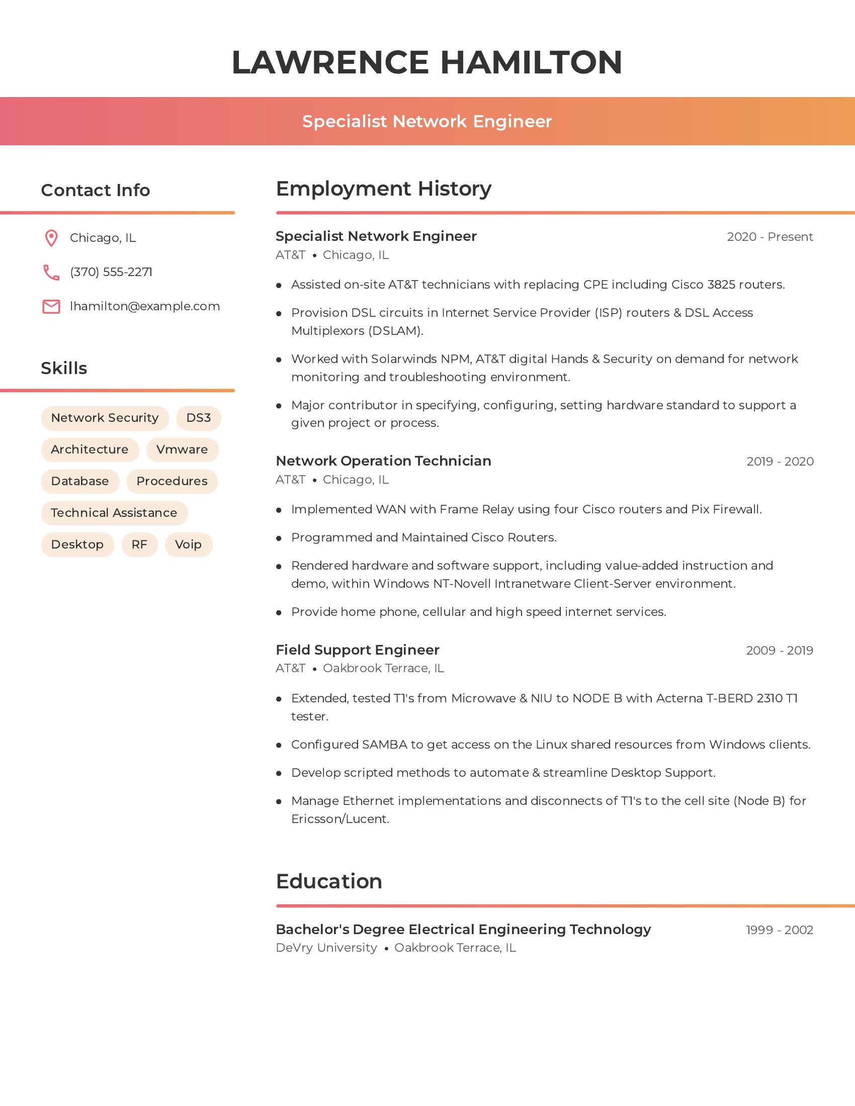 Specialist Network Engineer resume example