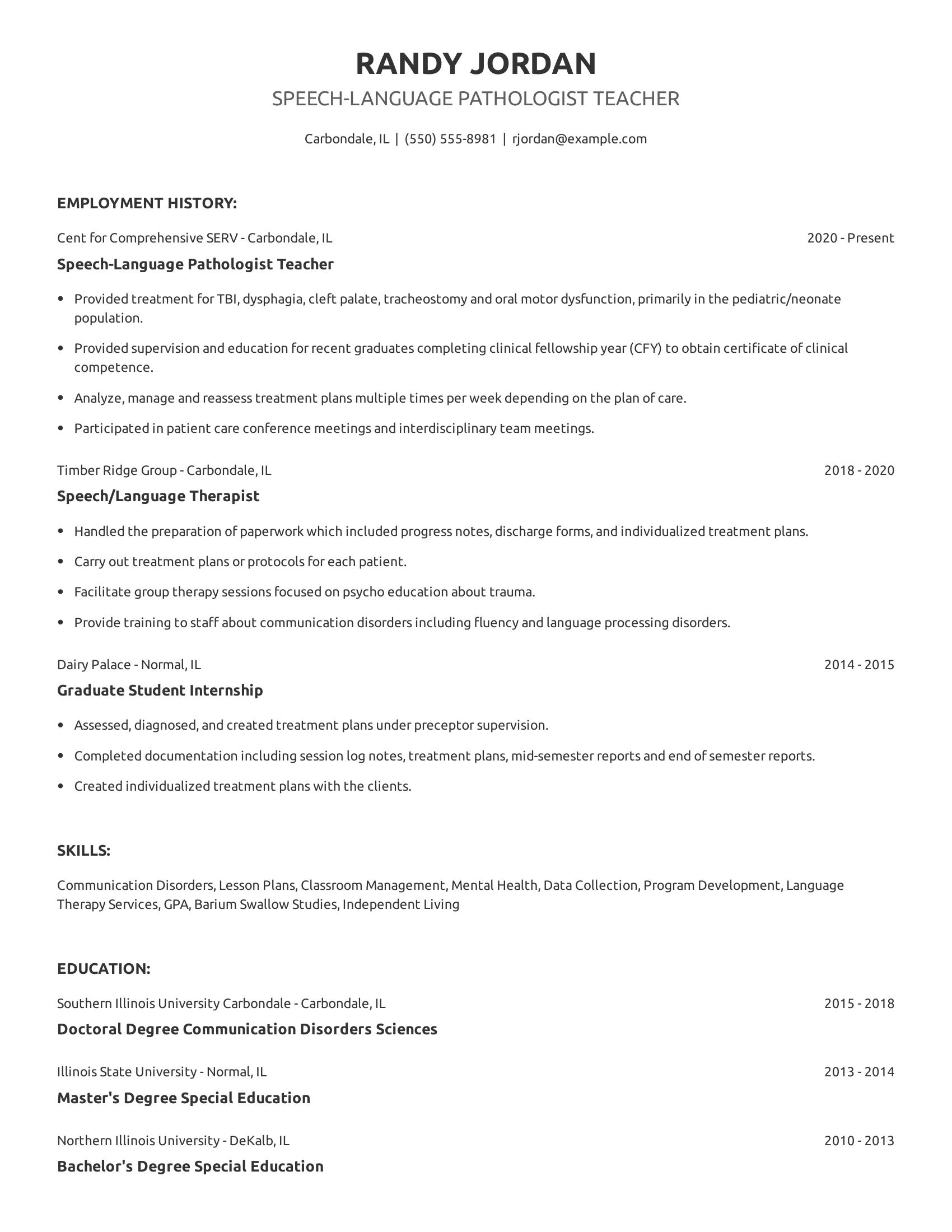 Speech-Language Pathologist Teacher resume example