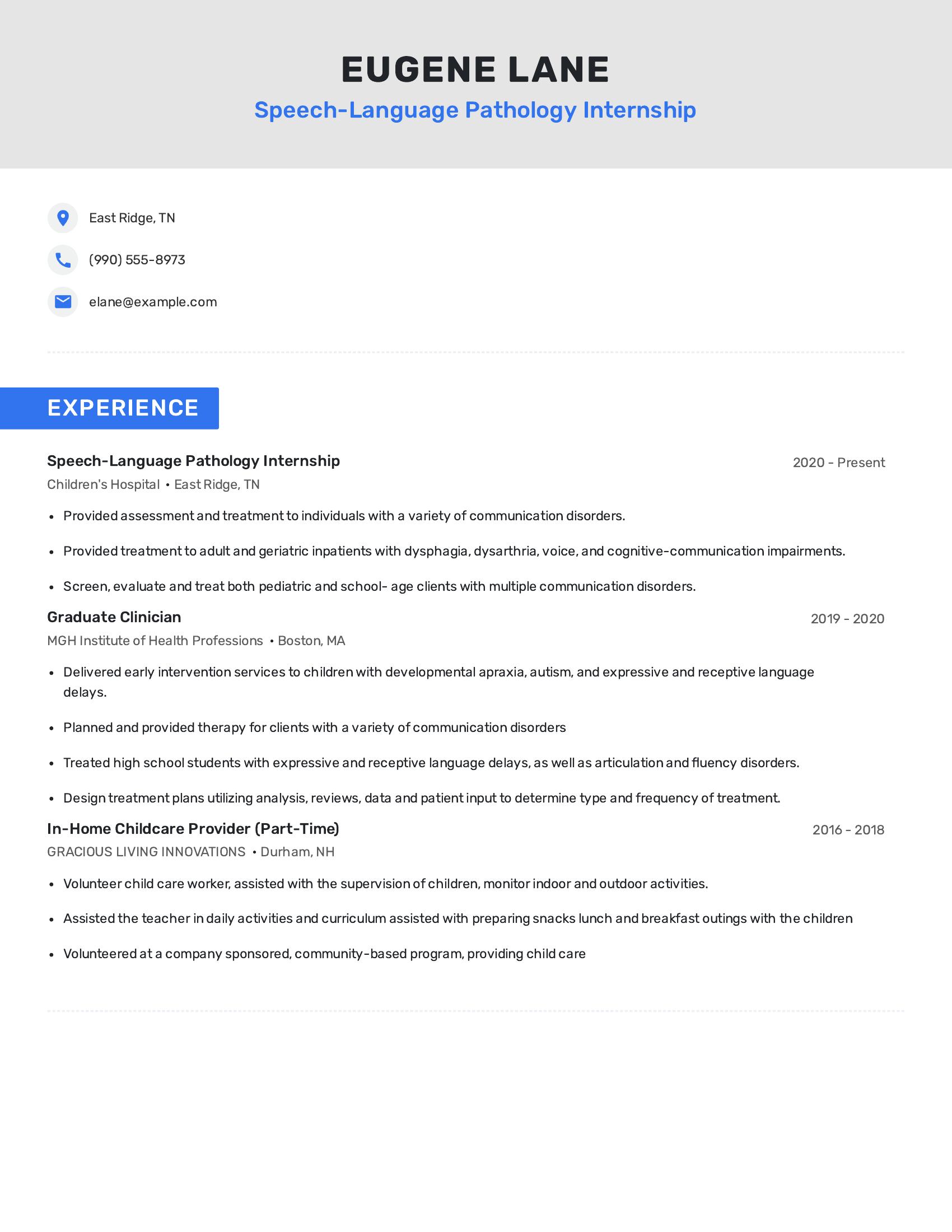 Speech-Language Pathology Internship resume example