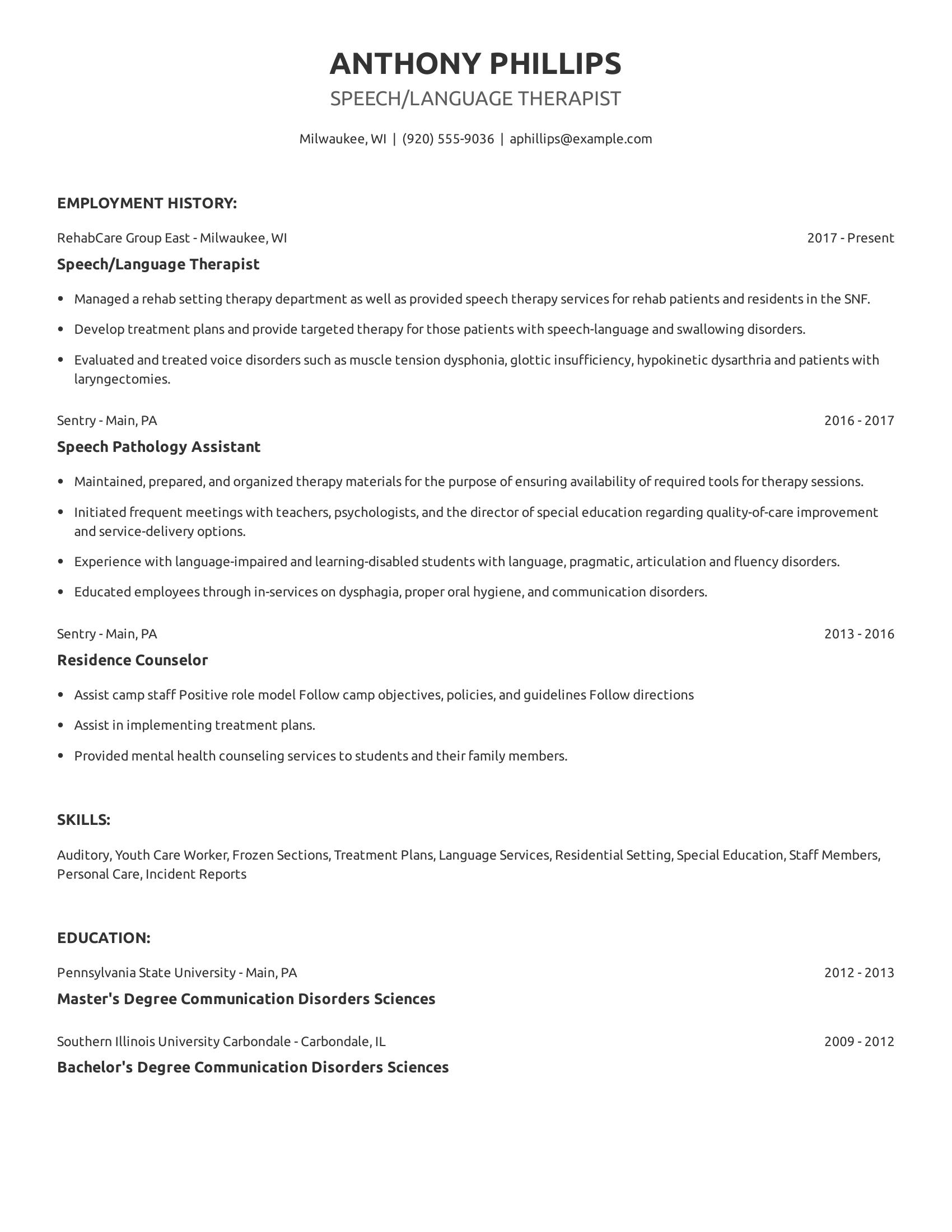 Speech/Language Therapist resume example