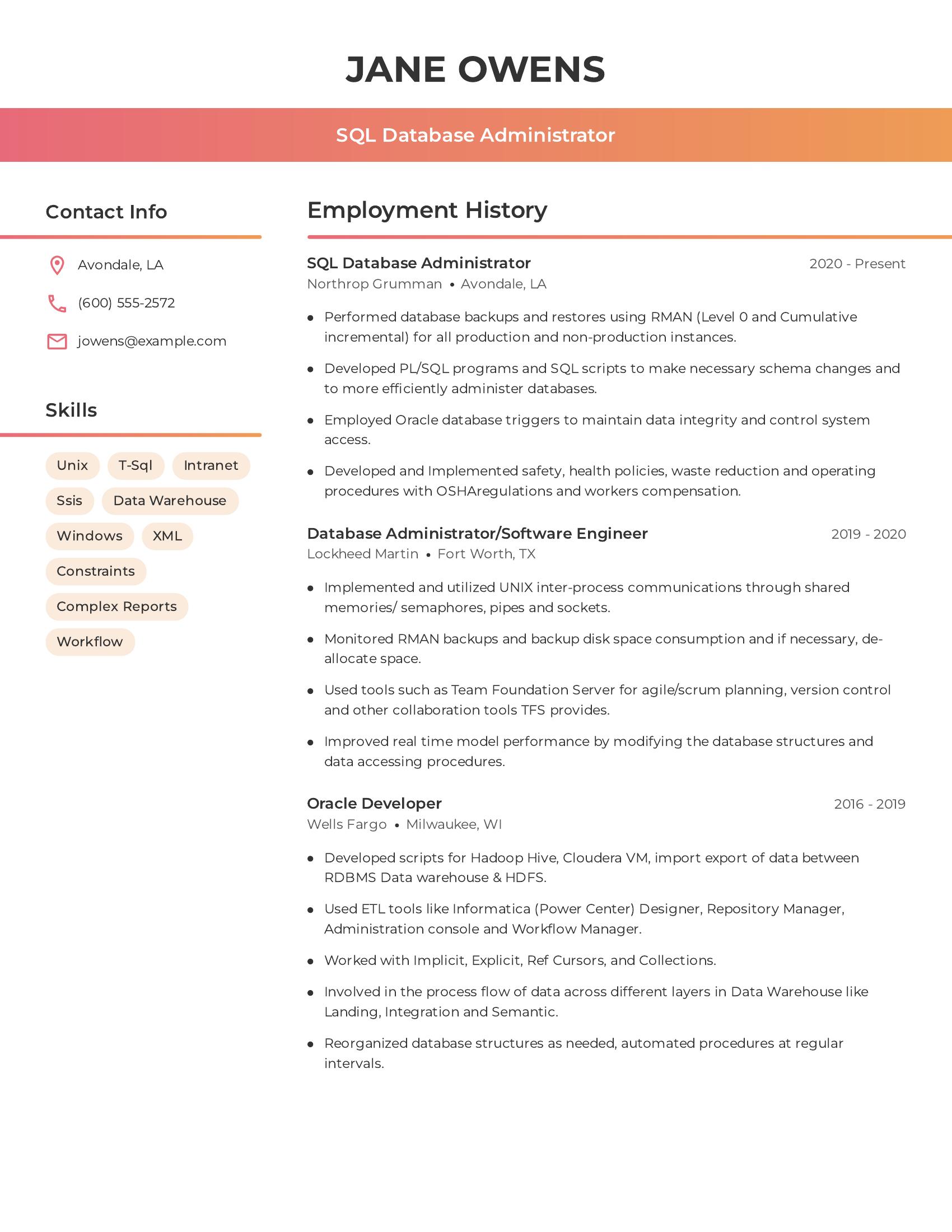 SQL Database Administrator resume example