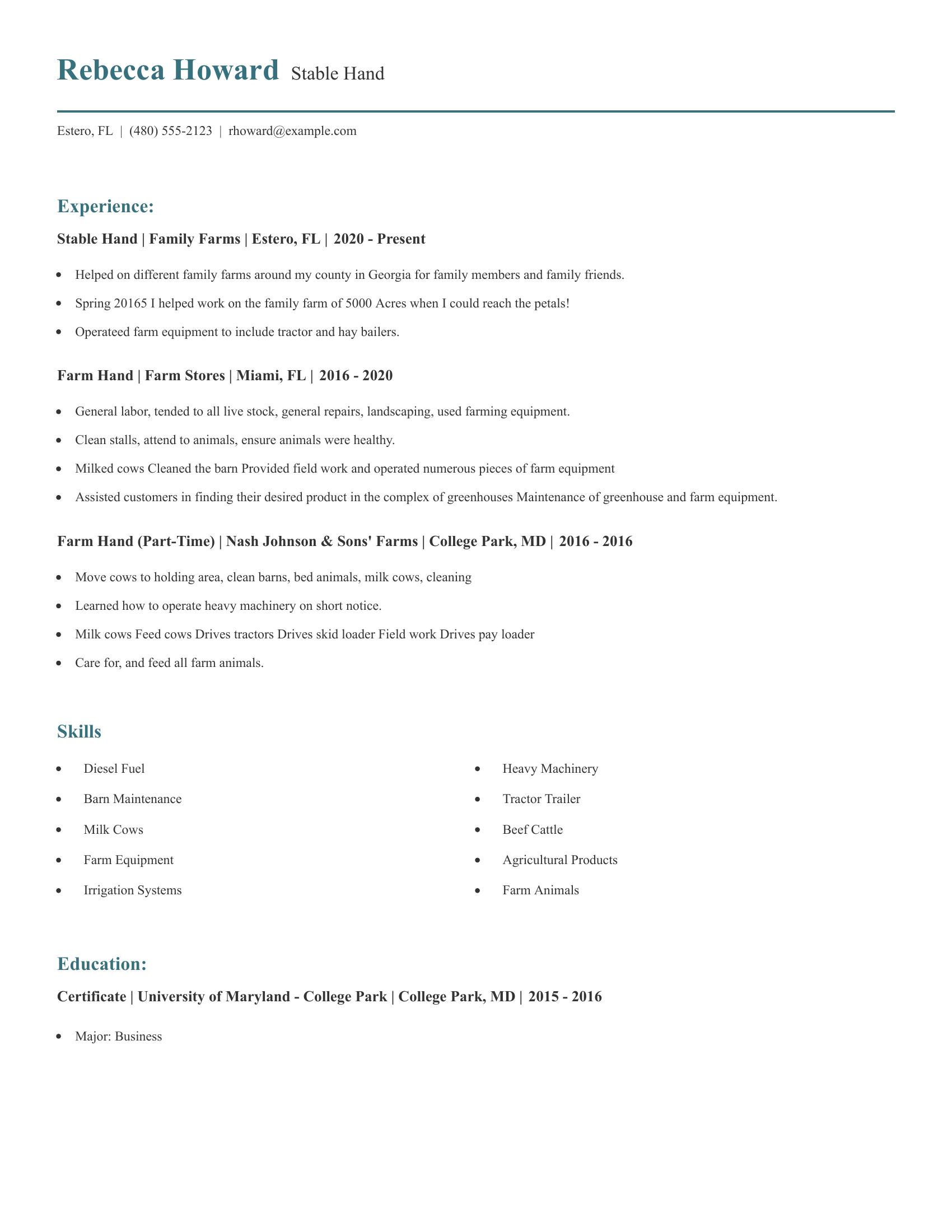 Stable Hand resume example