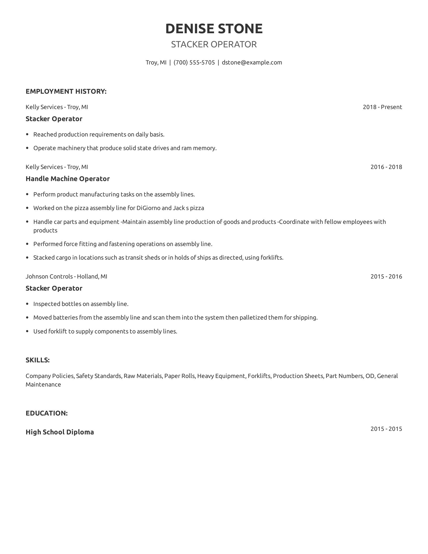 Stacker Operator resume example