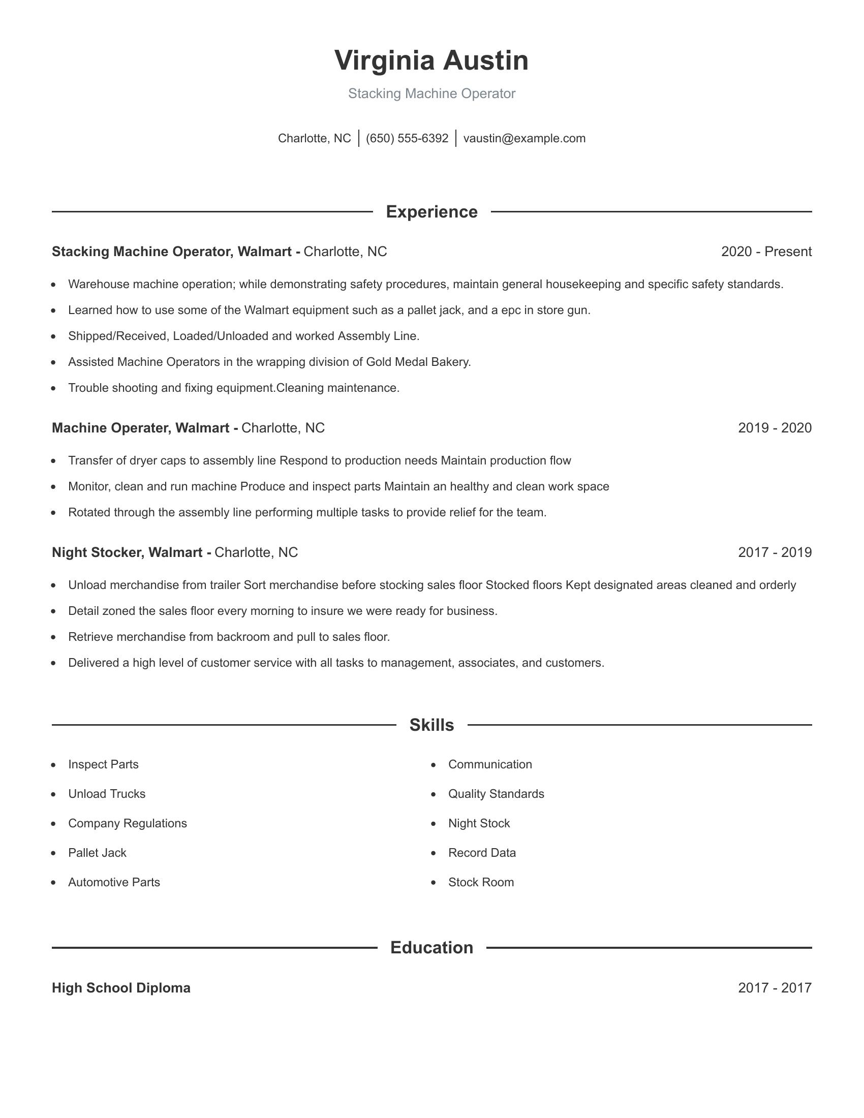 Stacking Machine Operator resume example