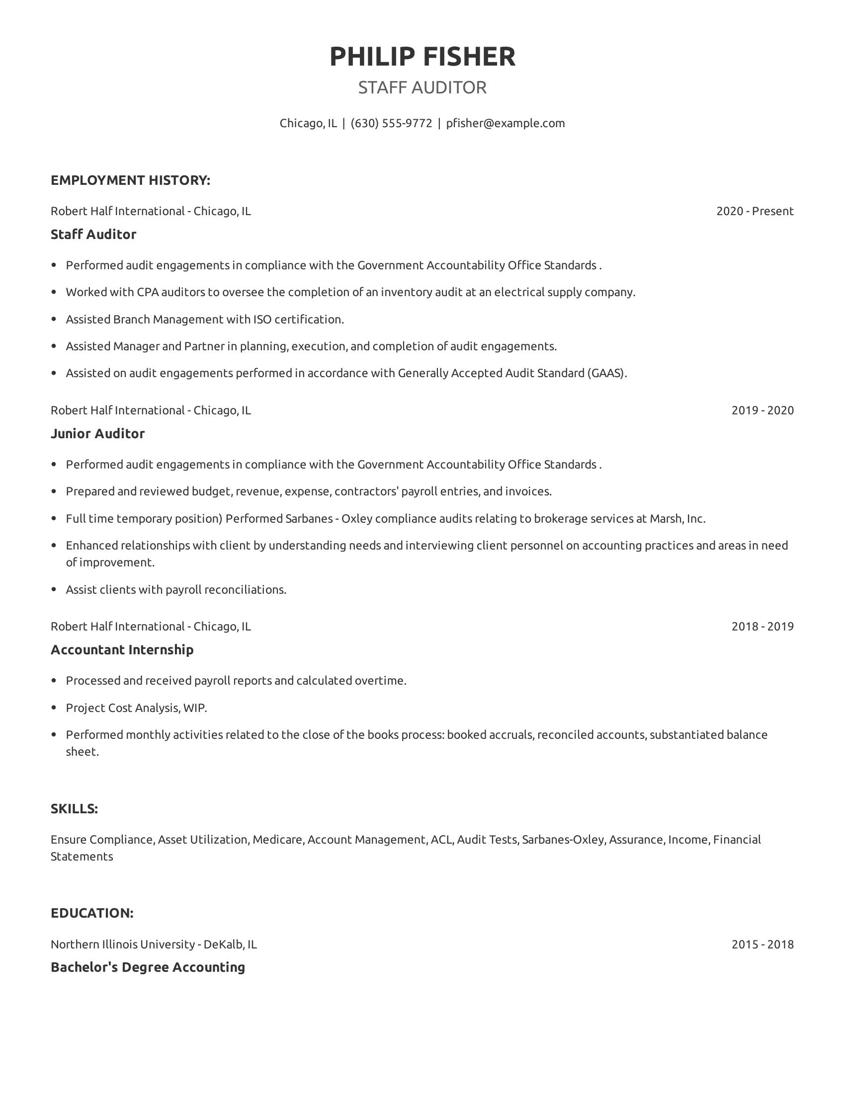 Staff Auditor resume example