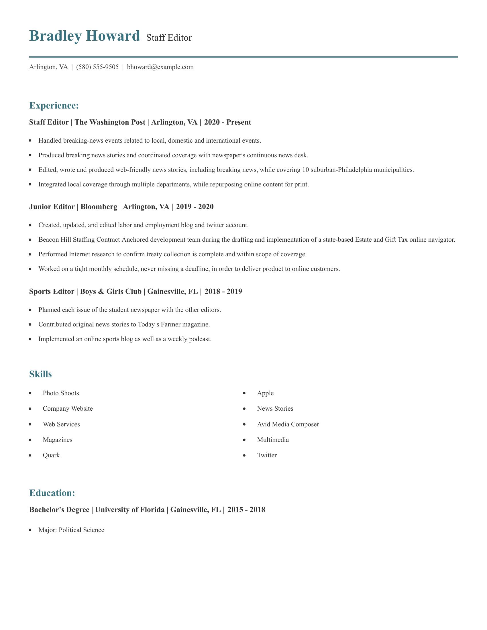 Staff Editor resume example