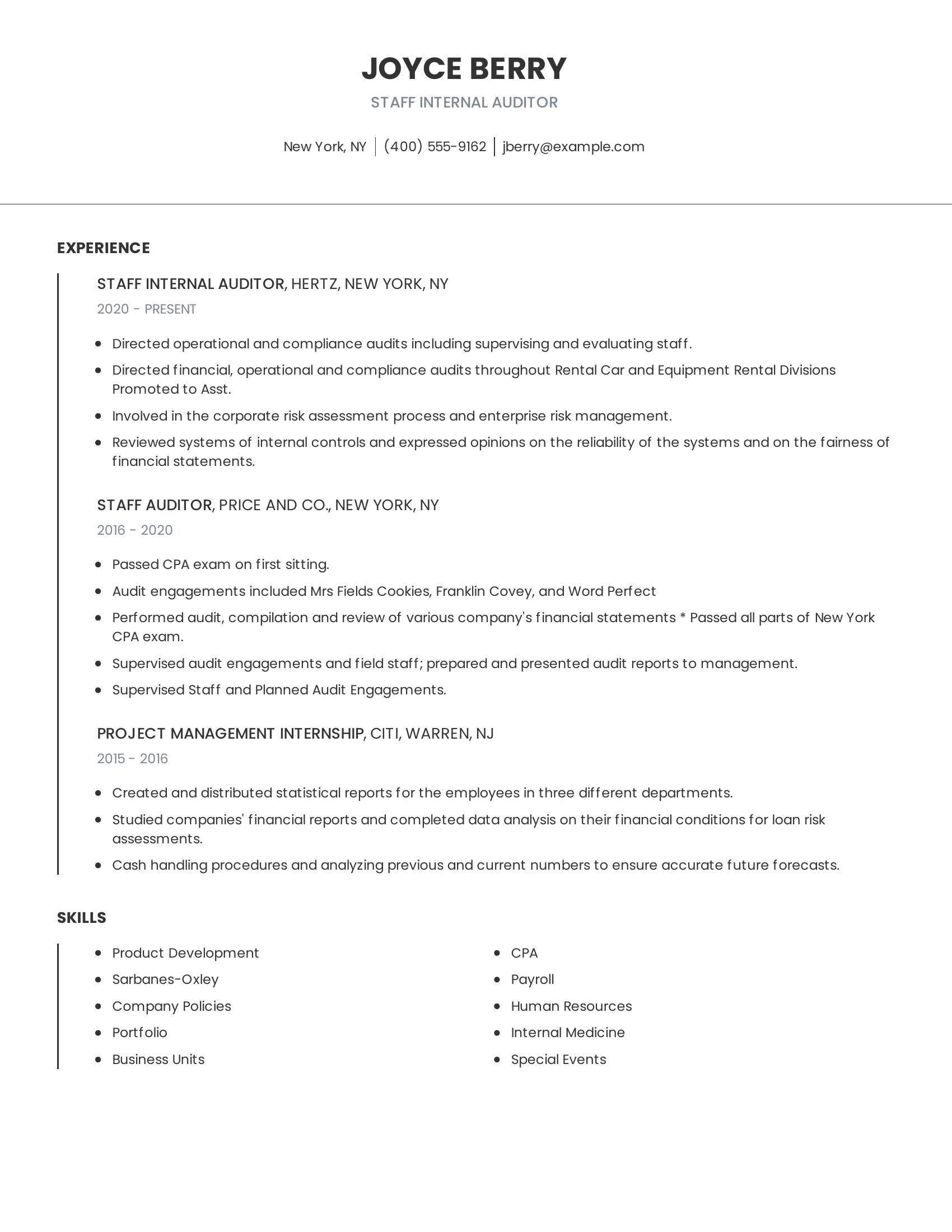 Staff Internal Auditor resume example