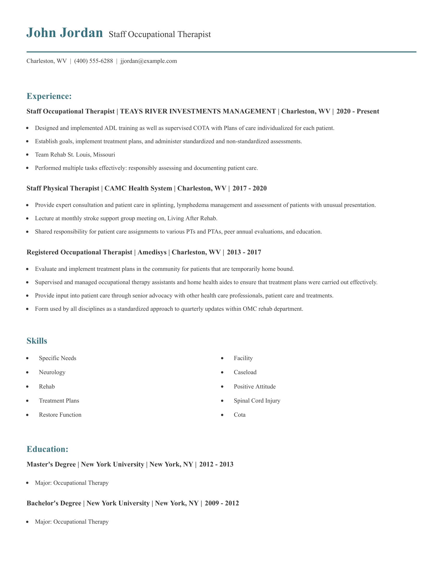 Staff Occupational Therapist resume example