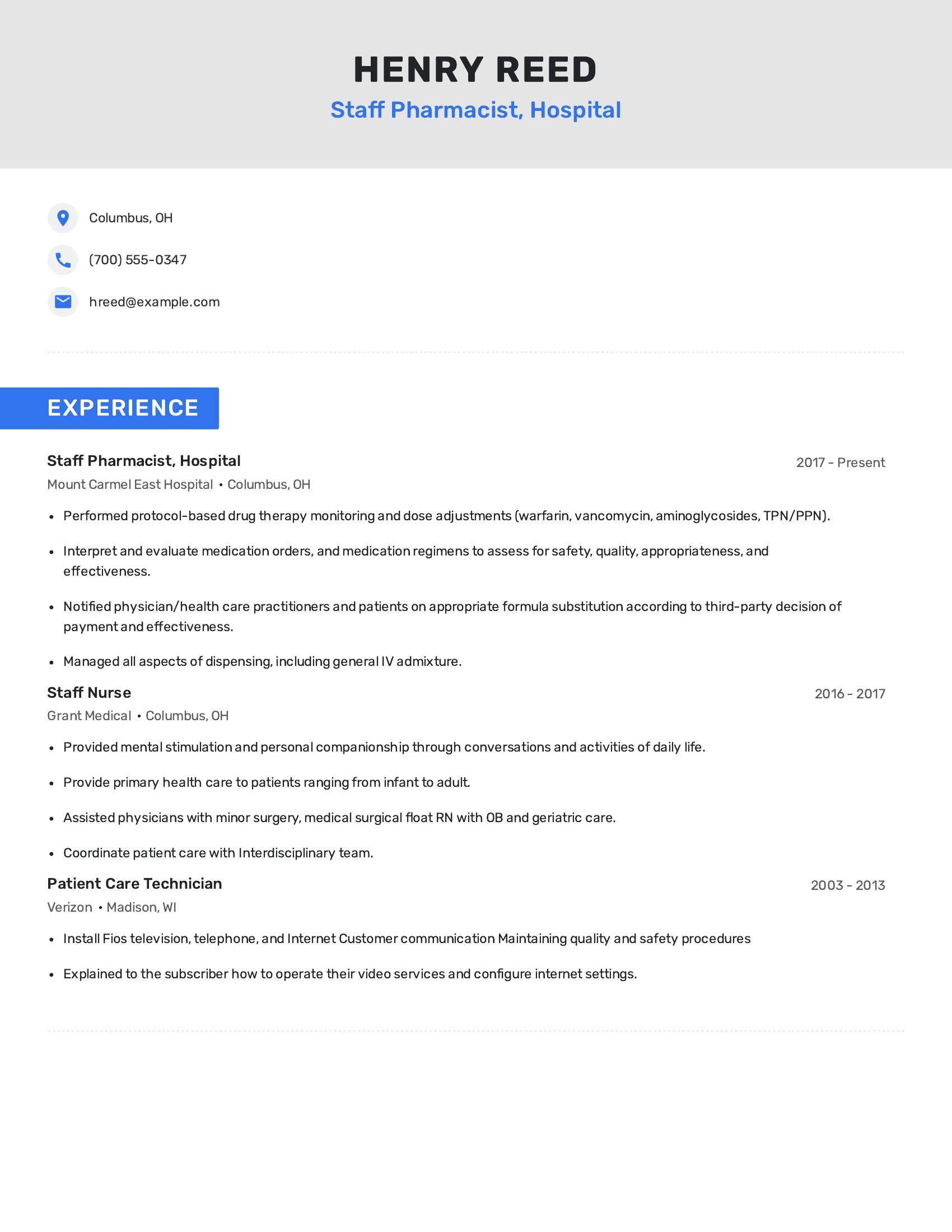 Staff Pharmacist, Hospital resume example