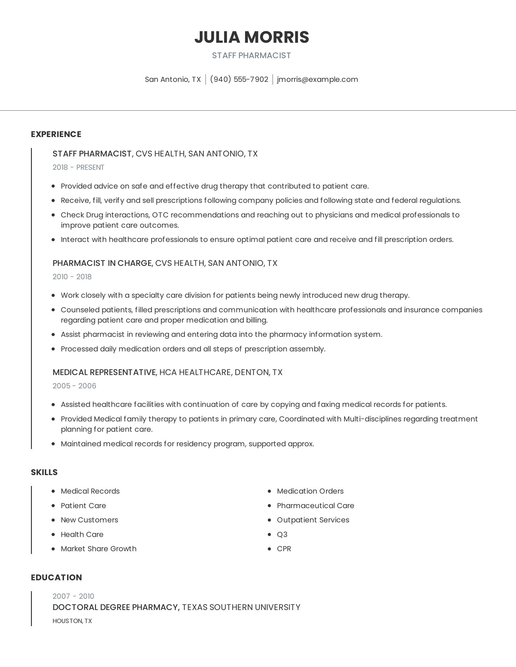 Staff Pharmacist resume example