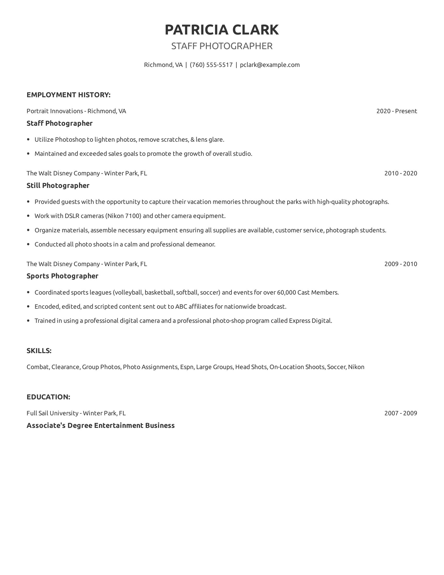 Staff Photographer resume example