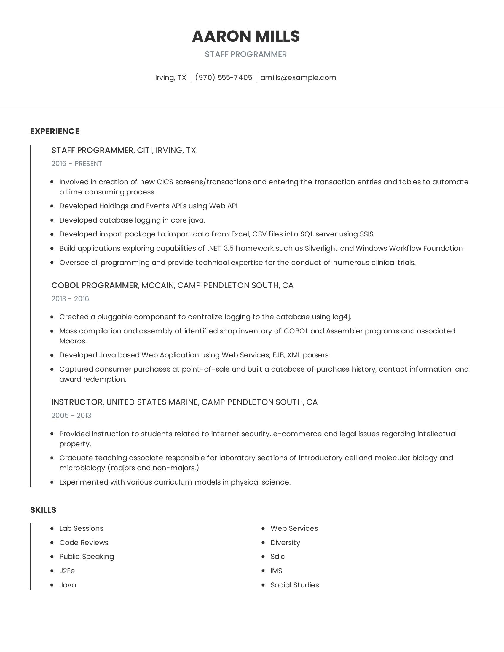 Staff Programmer resume example