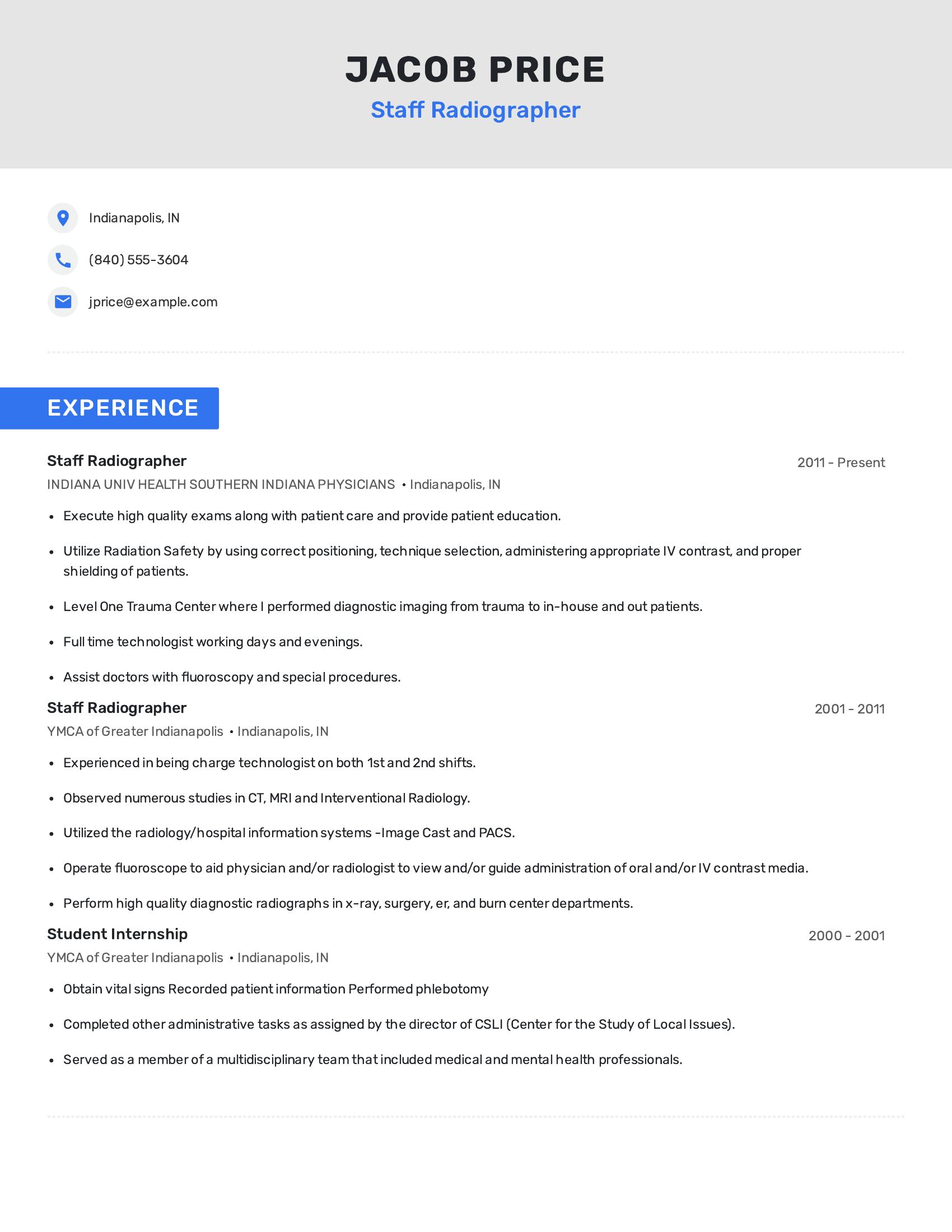 Staff Radiographer resume example