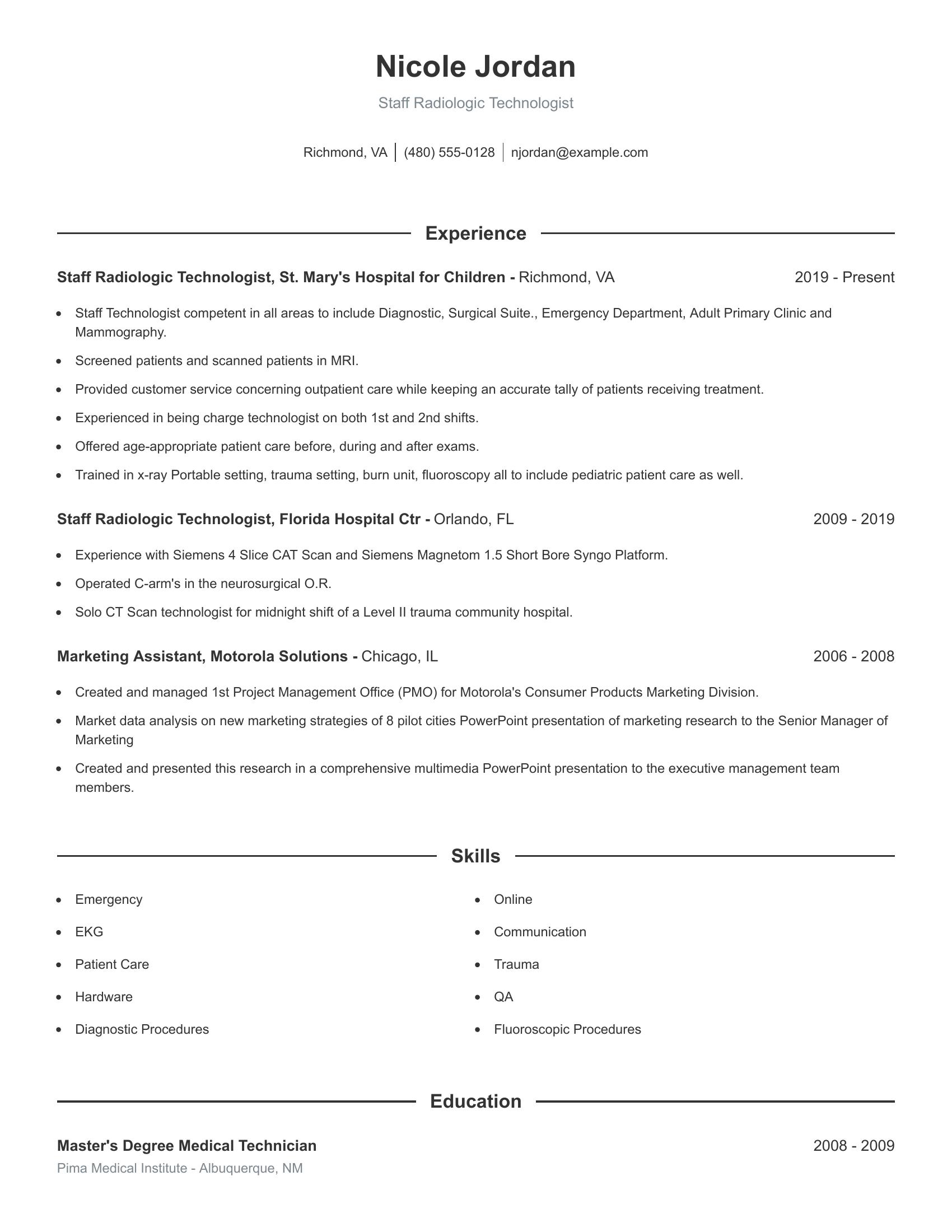 Staff Radiologic Technologist resume example