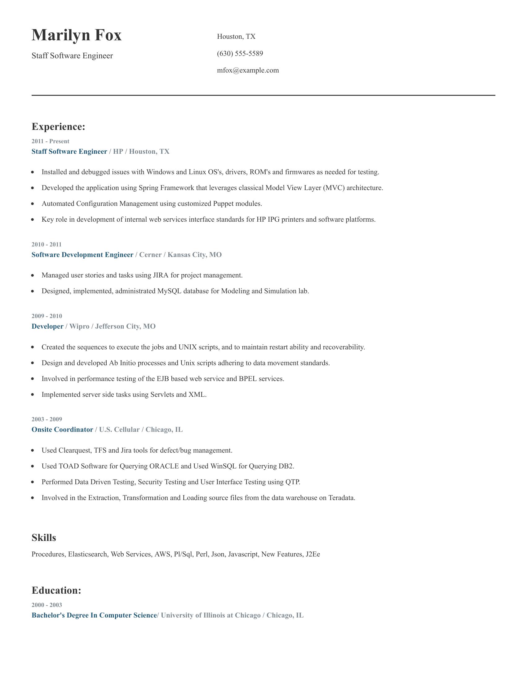 Staff Software Engineer resume example