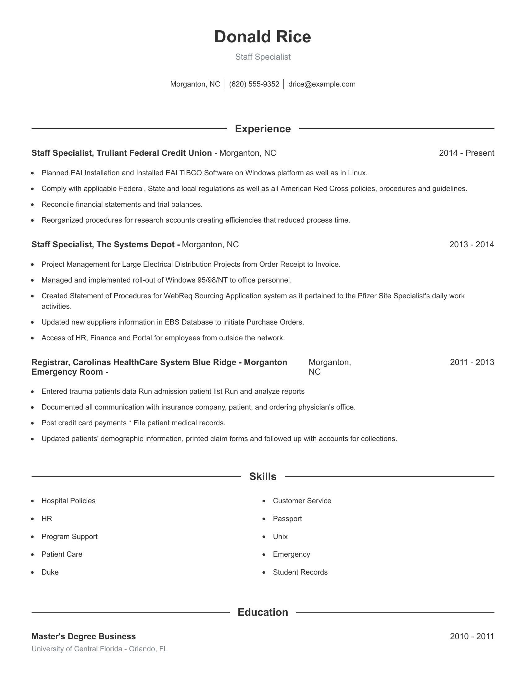 Staff Specialist resume example