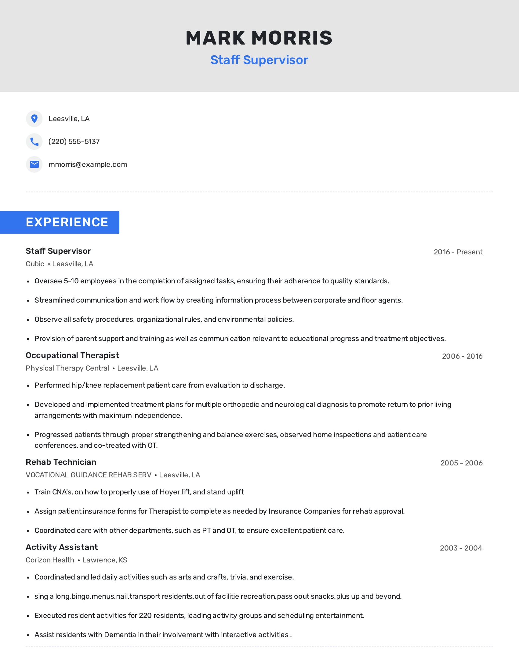 Staff Supervisor resume example