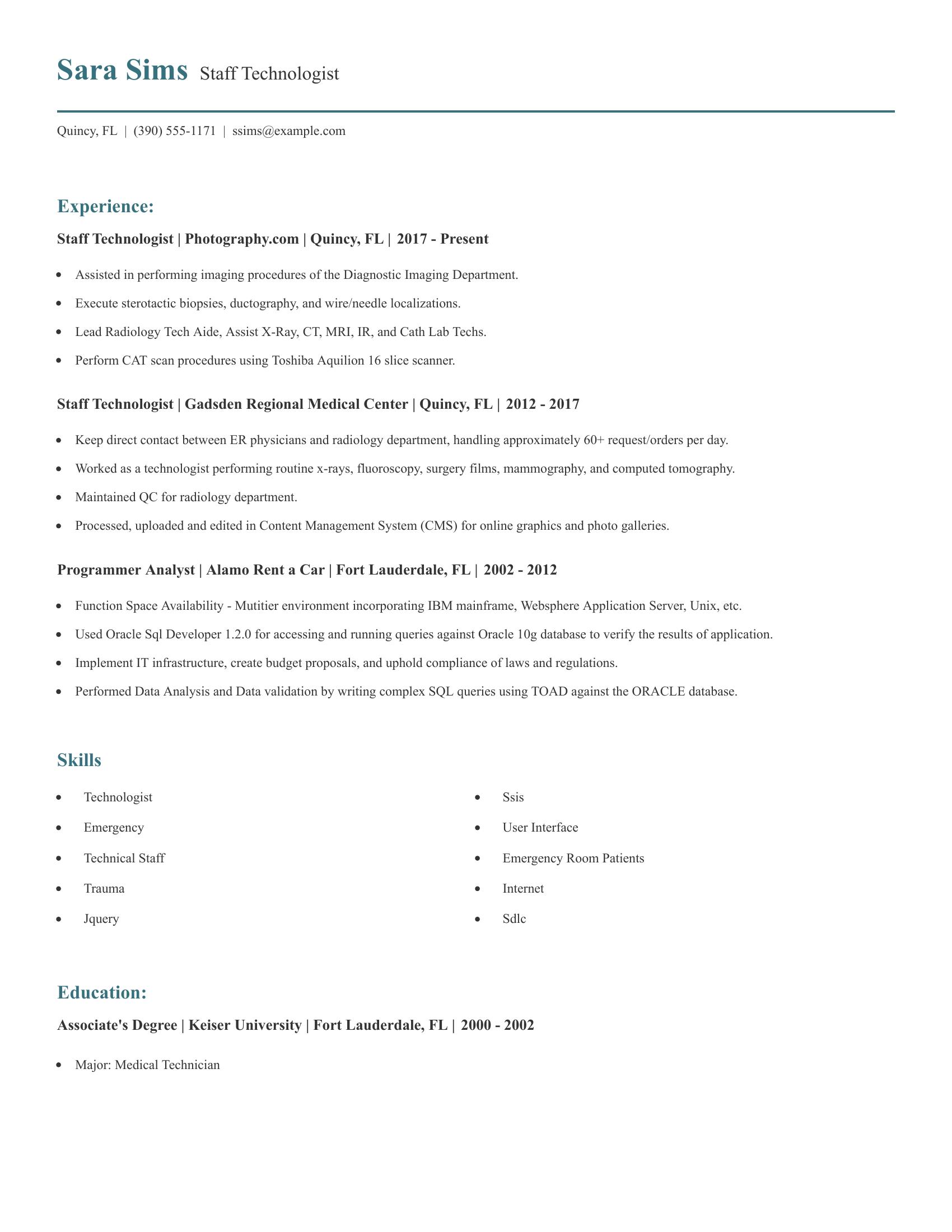 Staff Technologist resume example