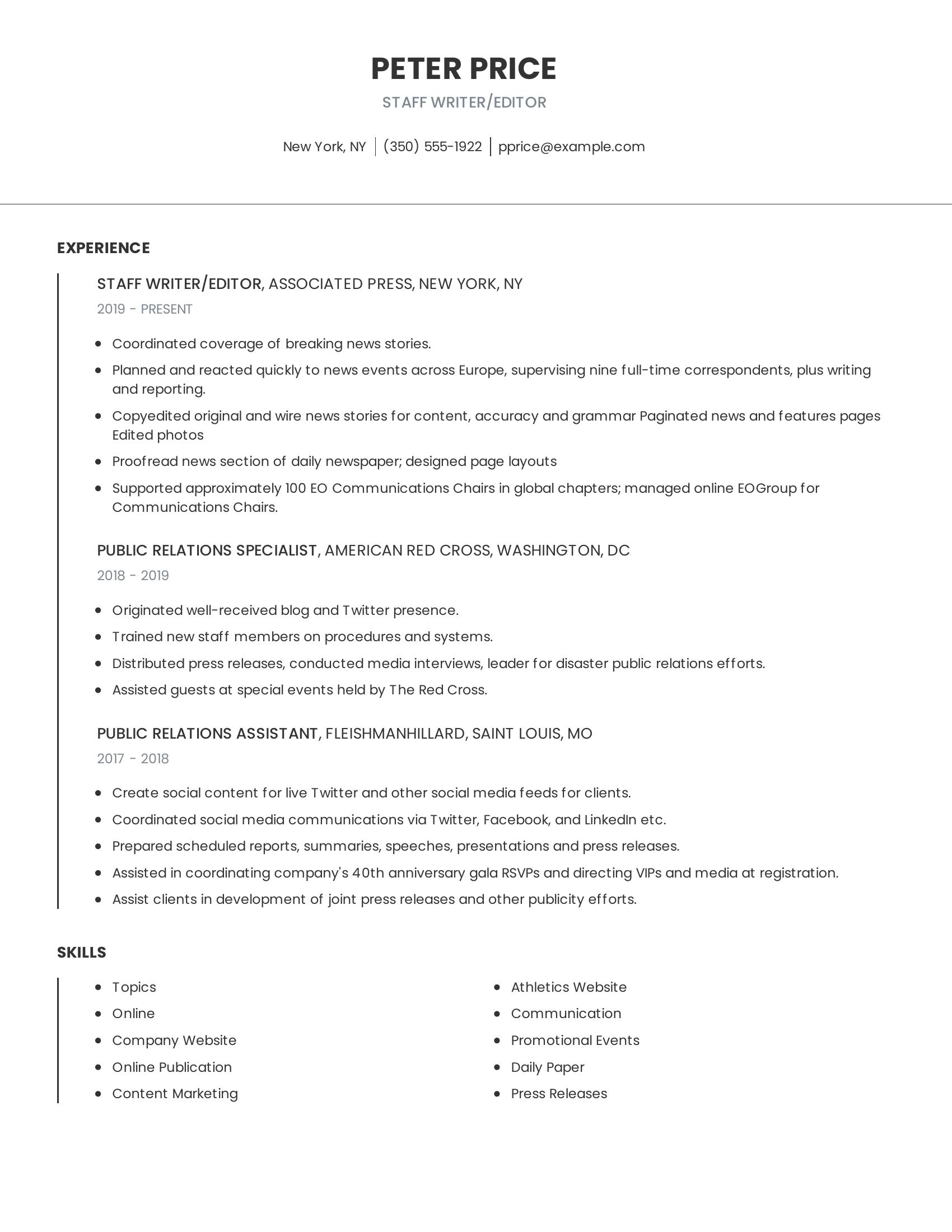 Staff Writer/Editor resume example