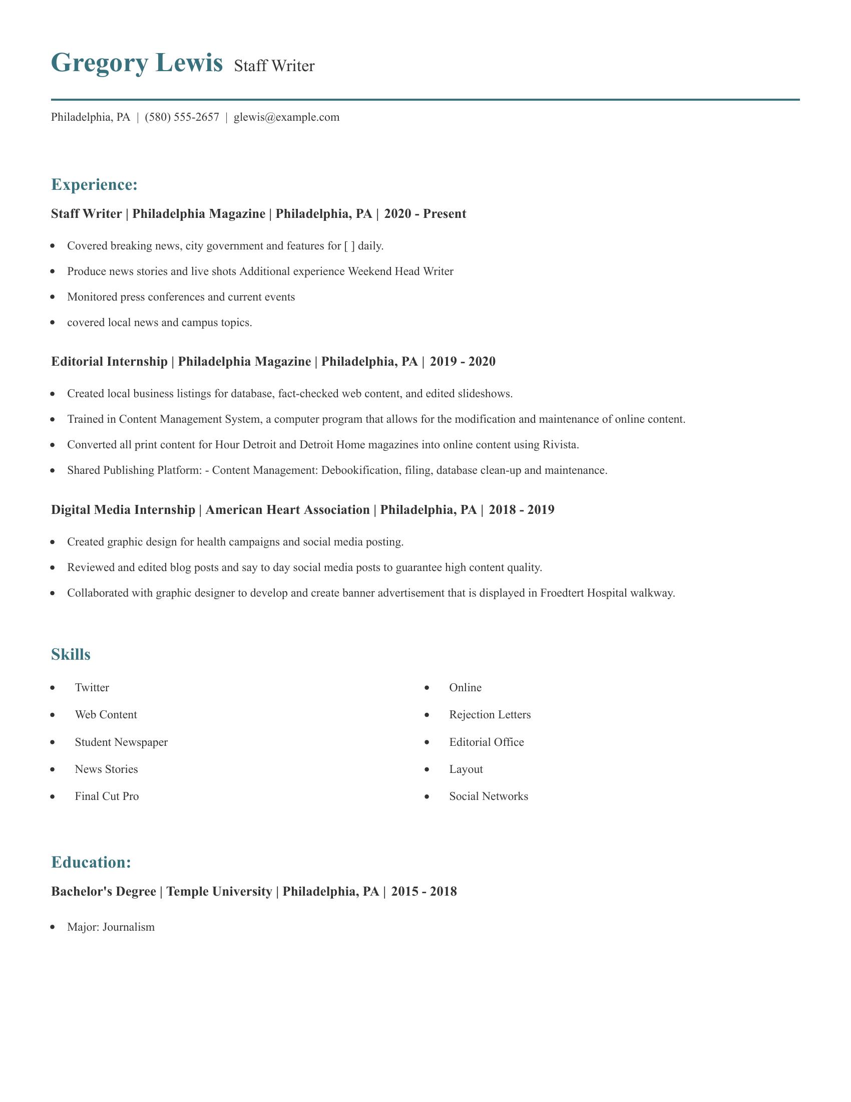 Staff Writer resume example