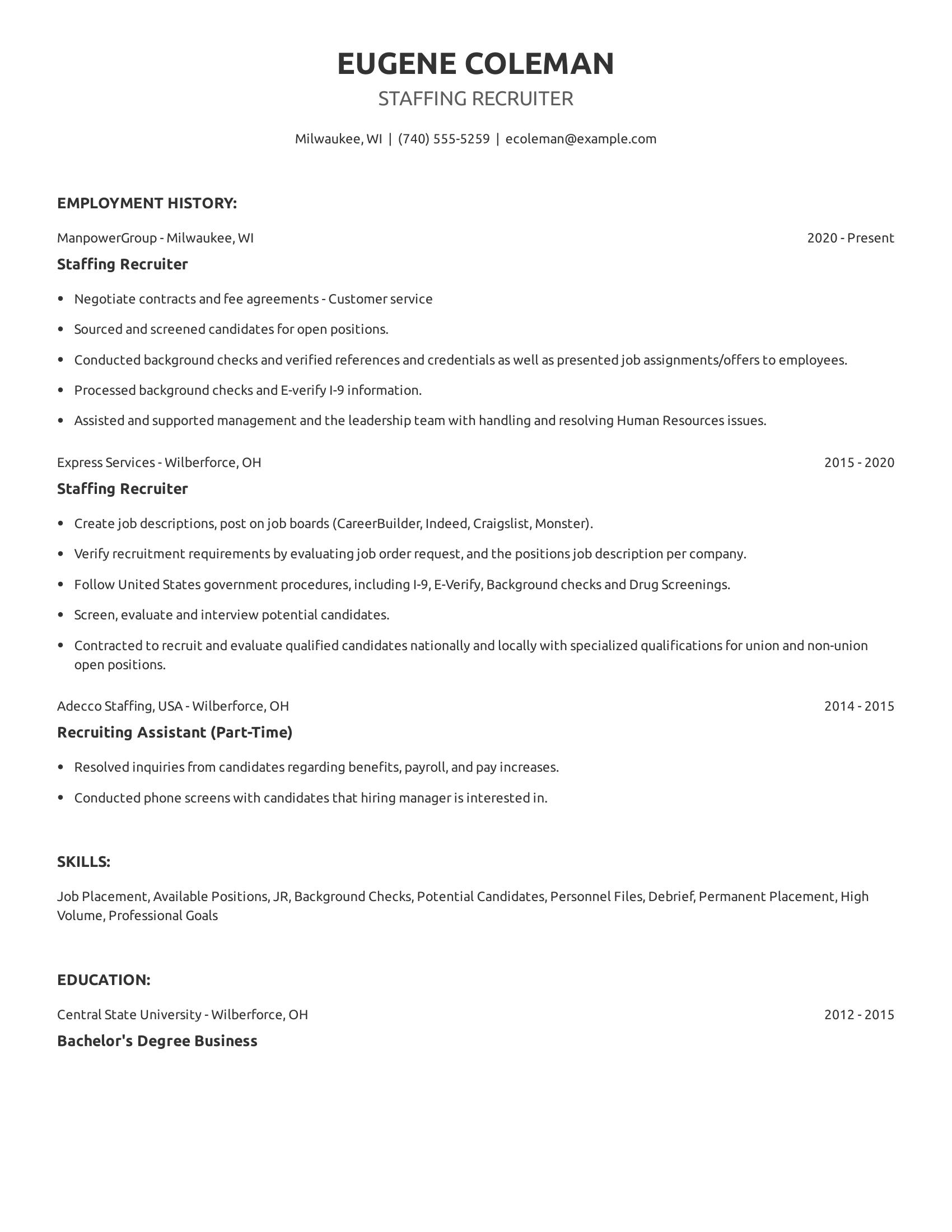 Staffing Recruiter resume example