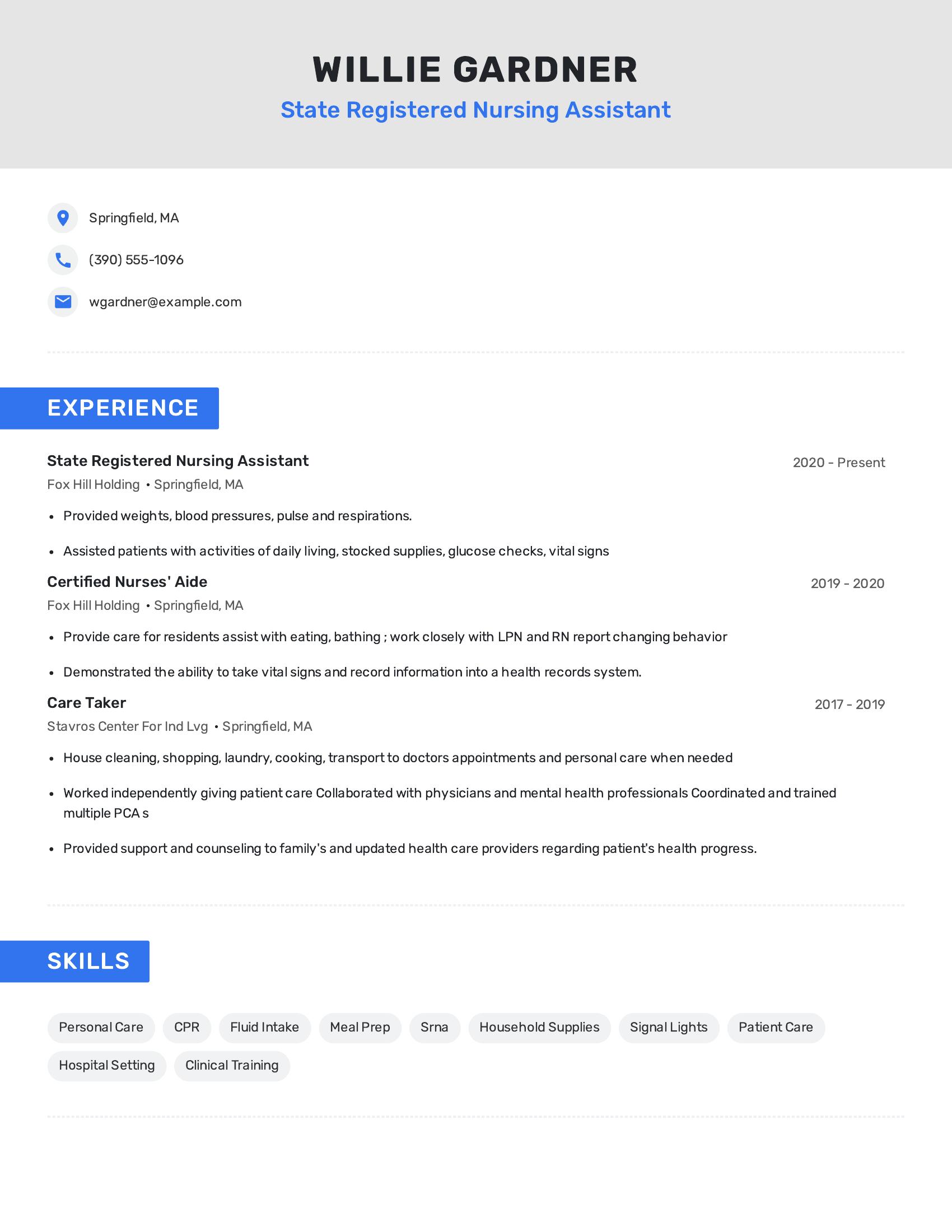 State Registered Nursing Assistant resume example