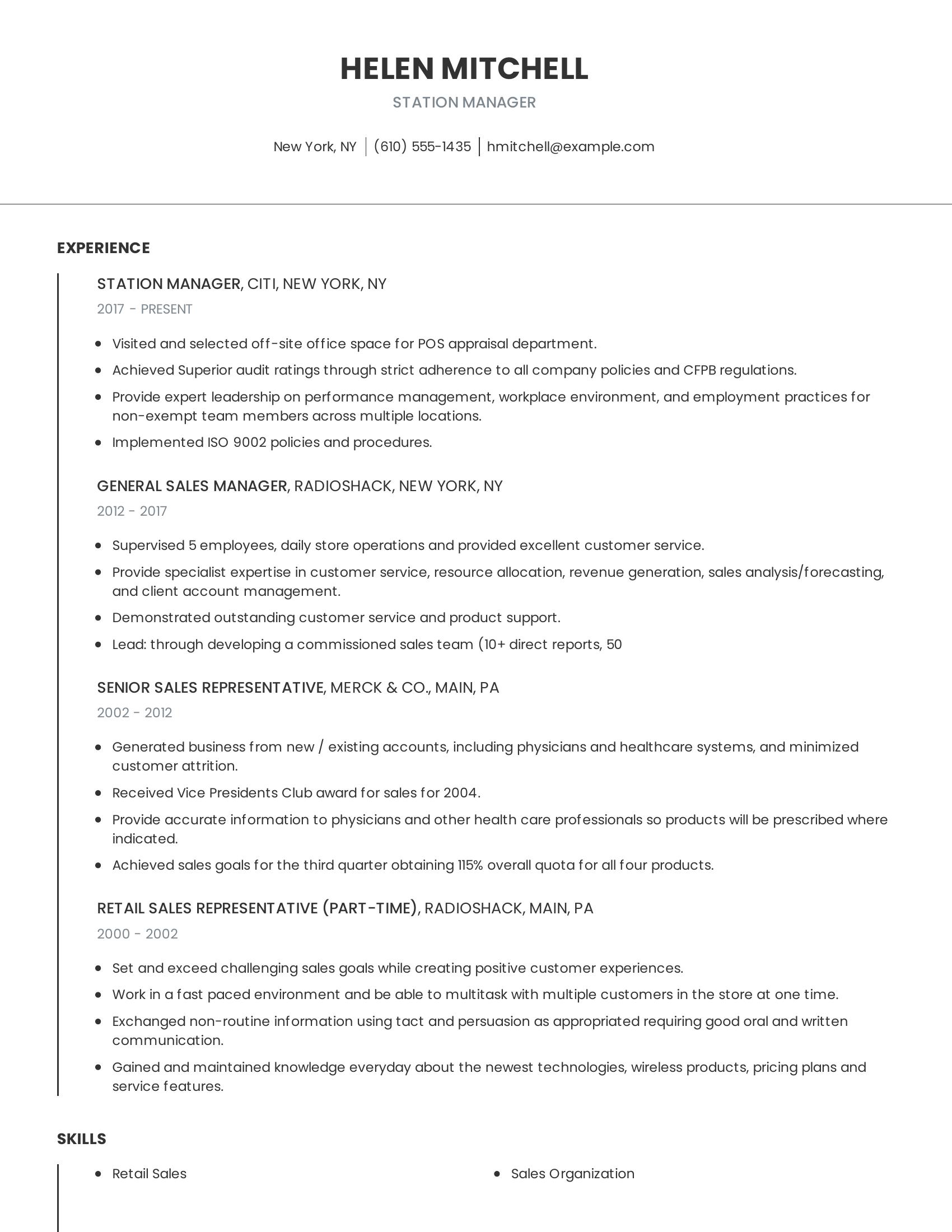 Station Manager resume example