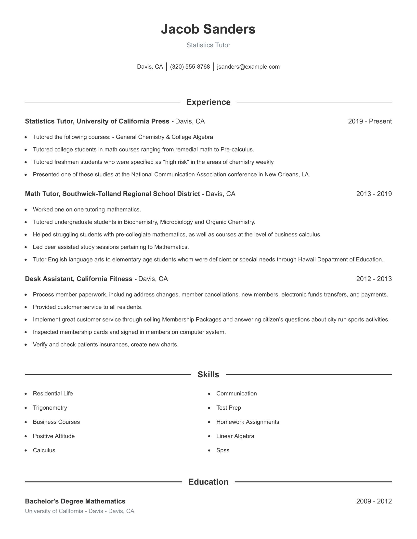 Statistics Tutor resume example