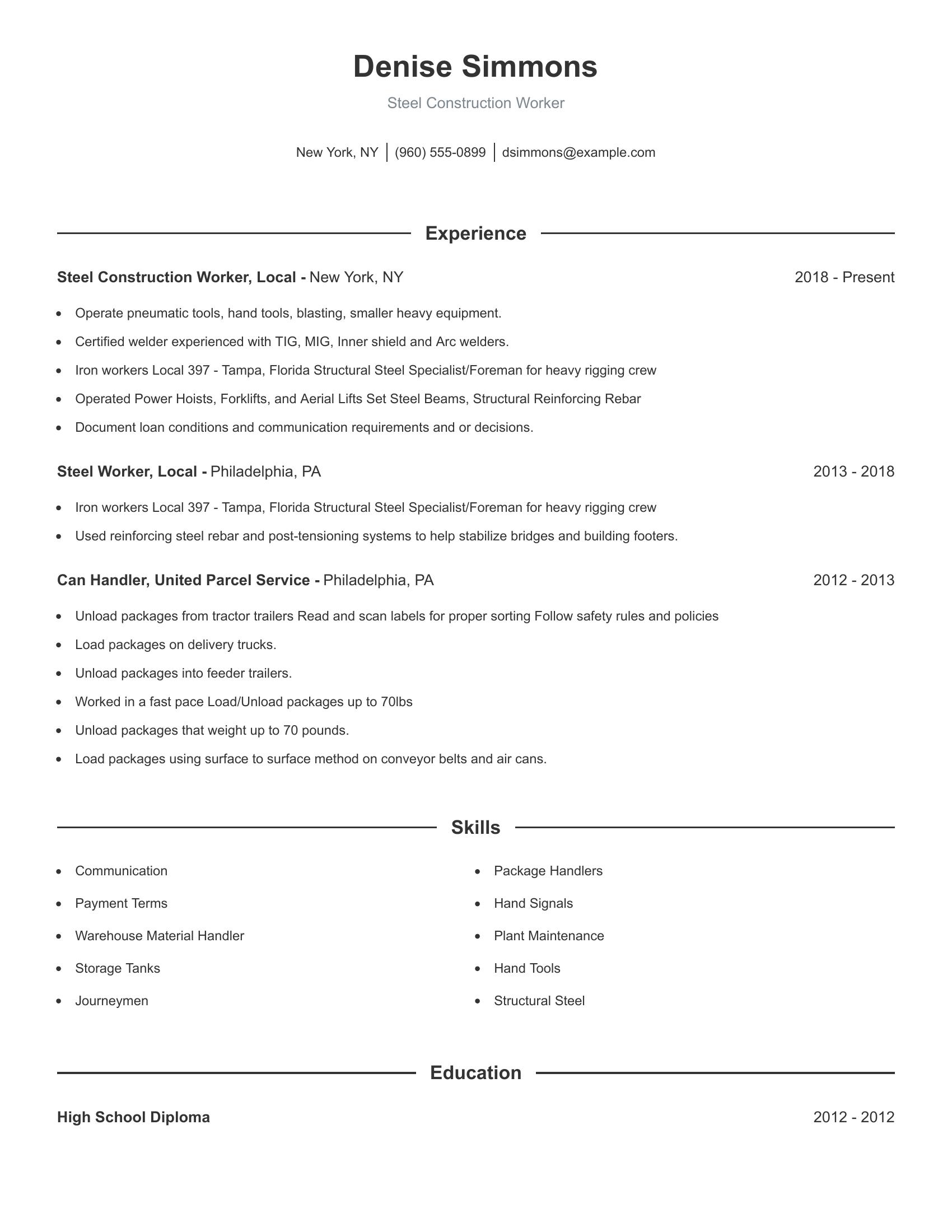 Steel Construction Worker resume example