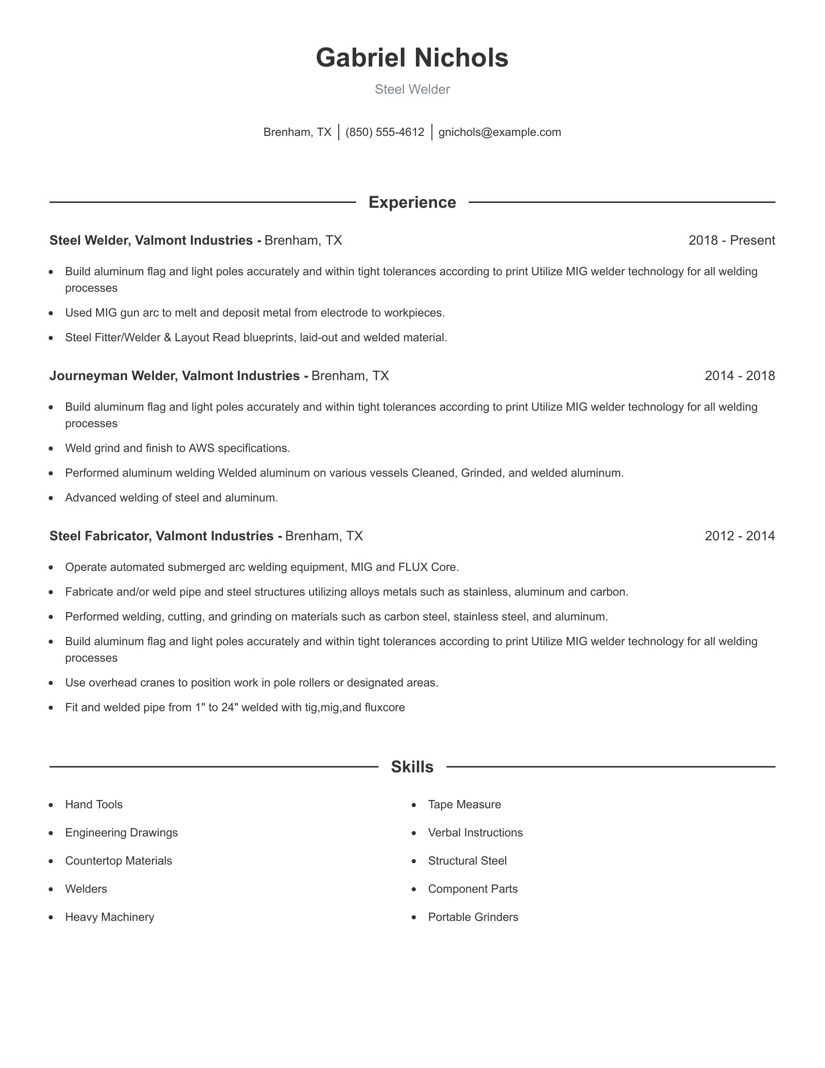 Steel Welder resume example