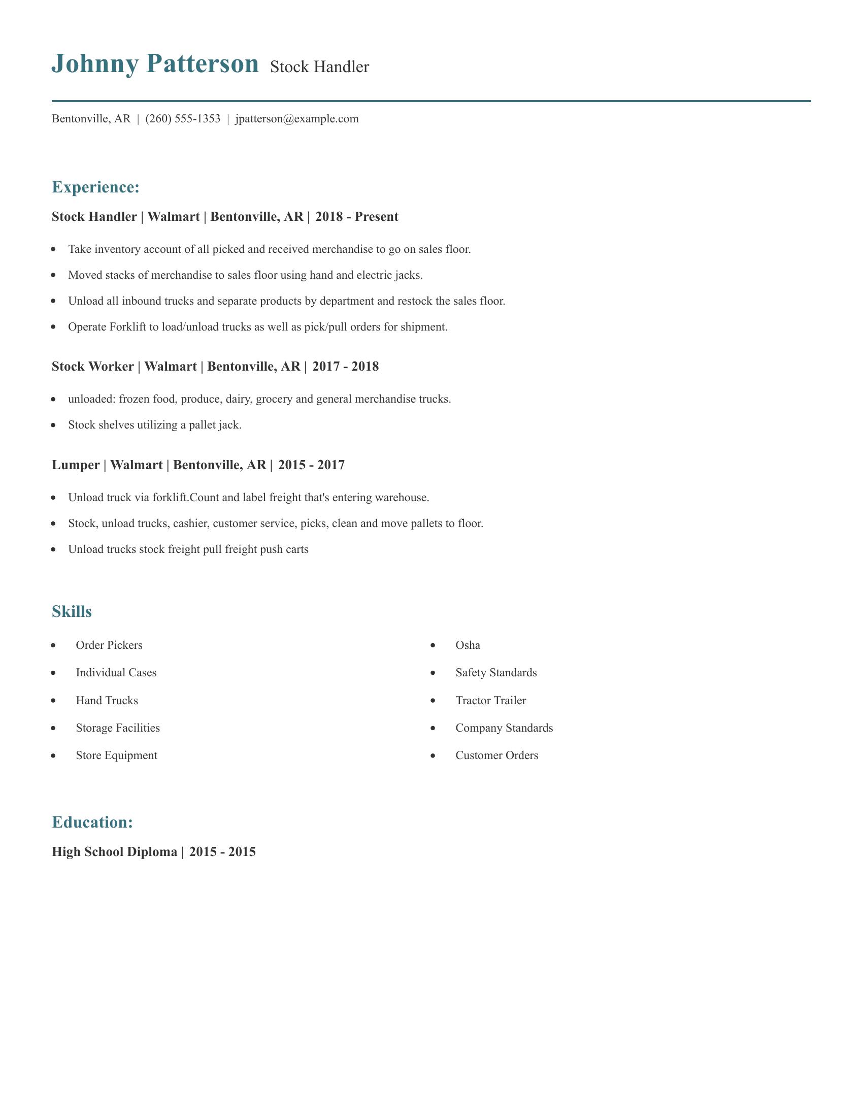 Stock Handler resume example