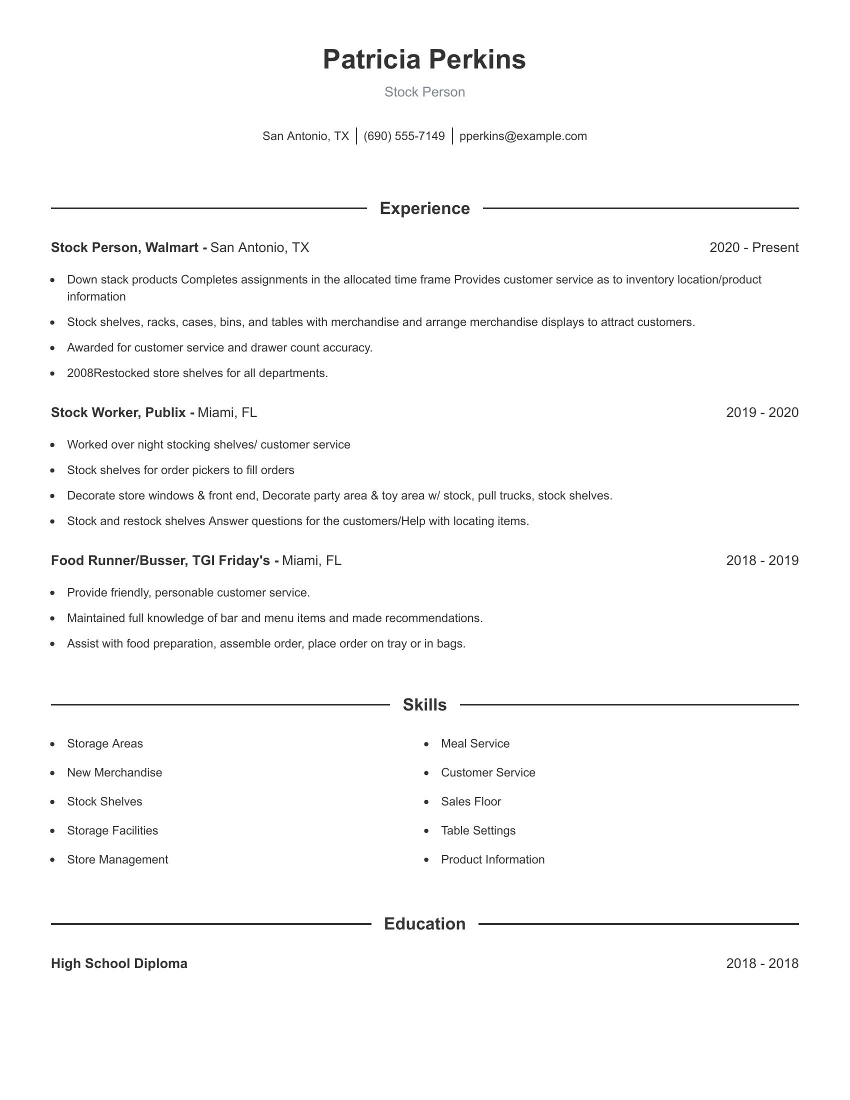 Stock Person resume example