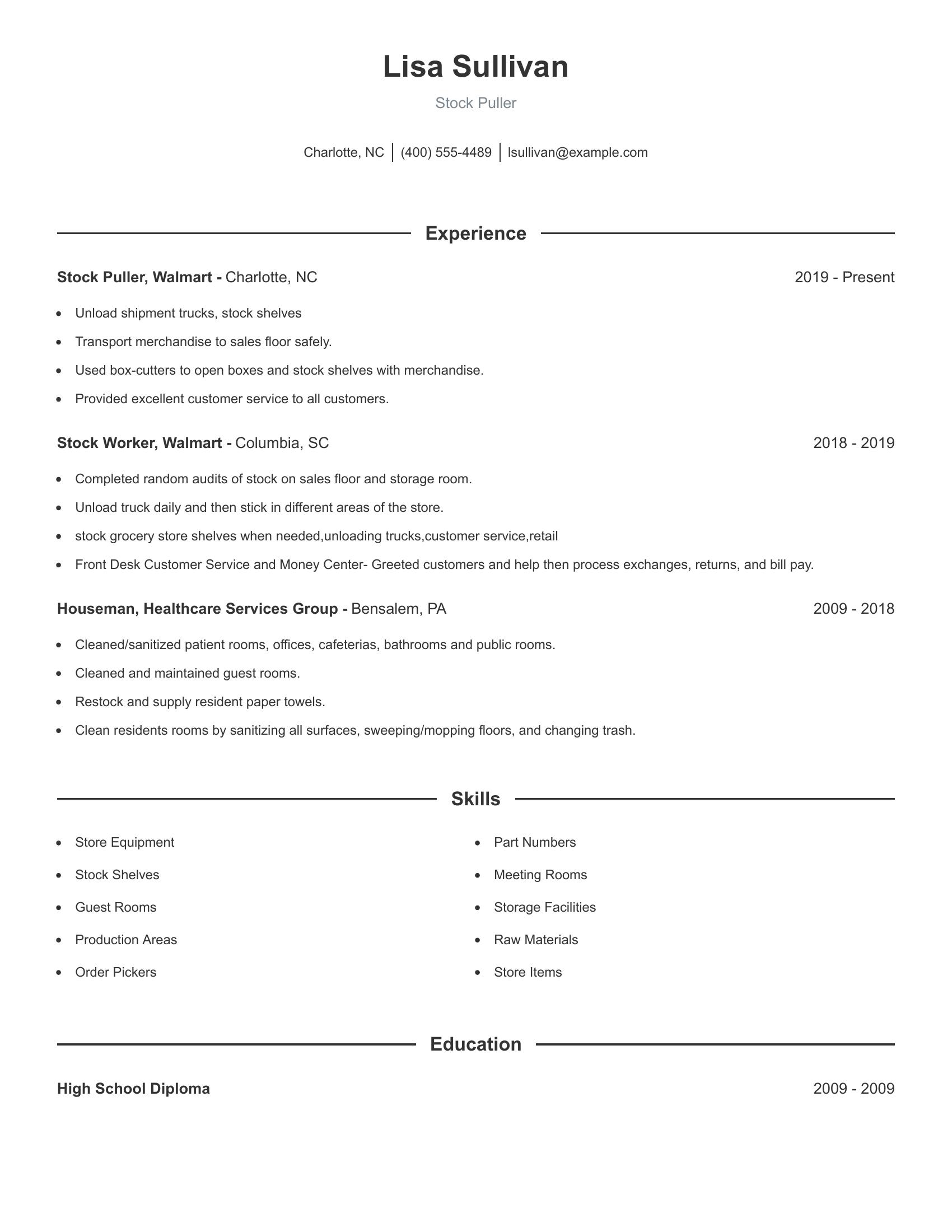 Stock Puller resume example