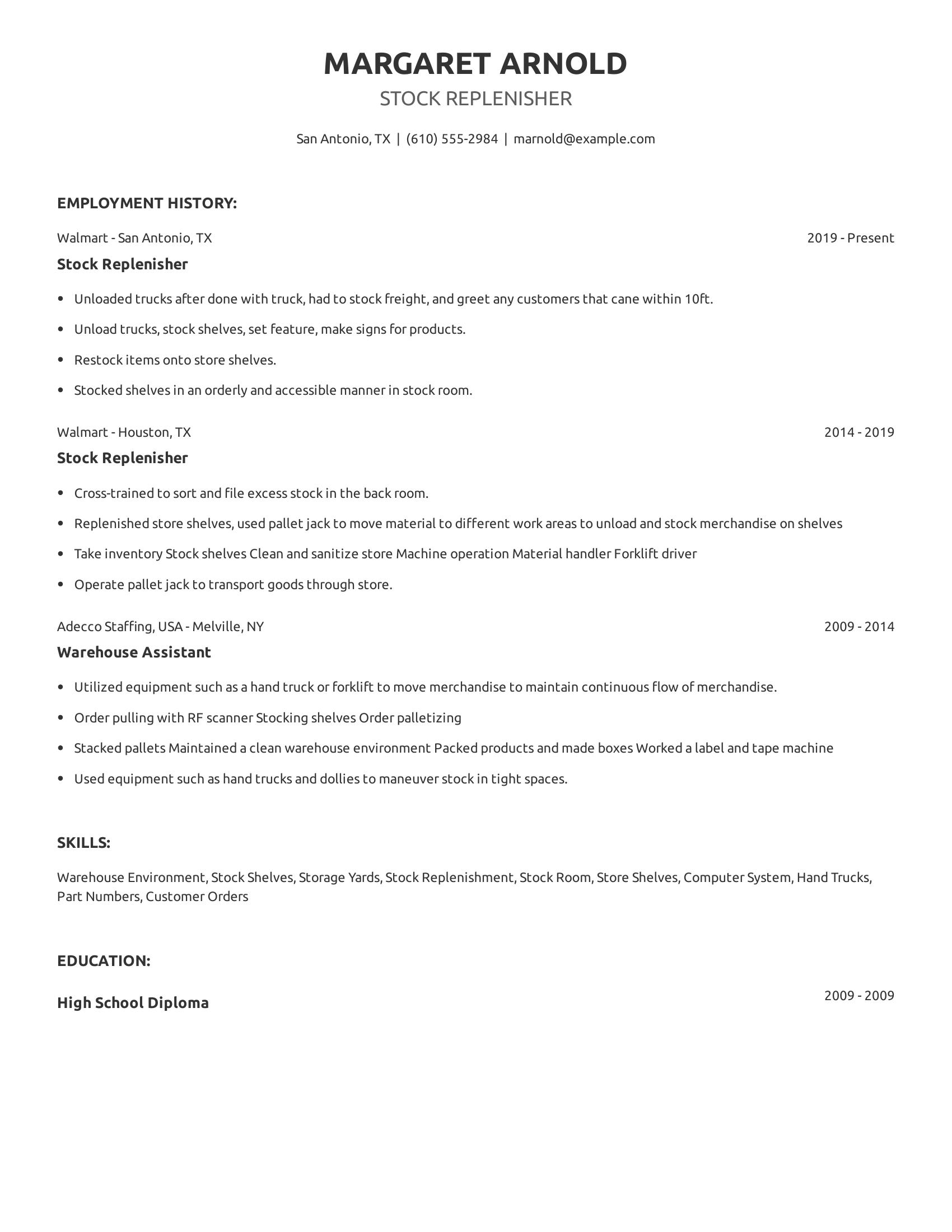 Stock Replenisher resume example