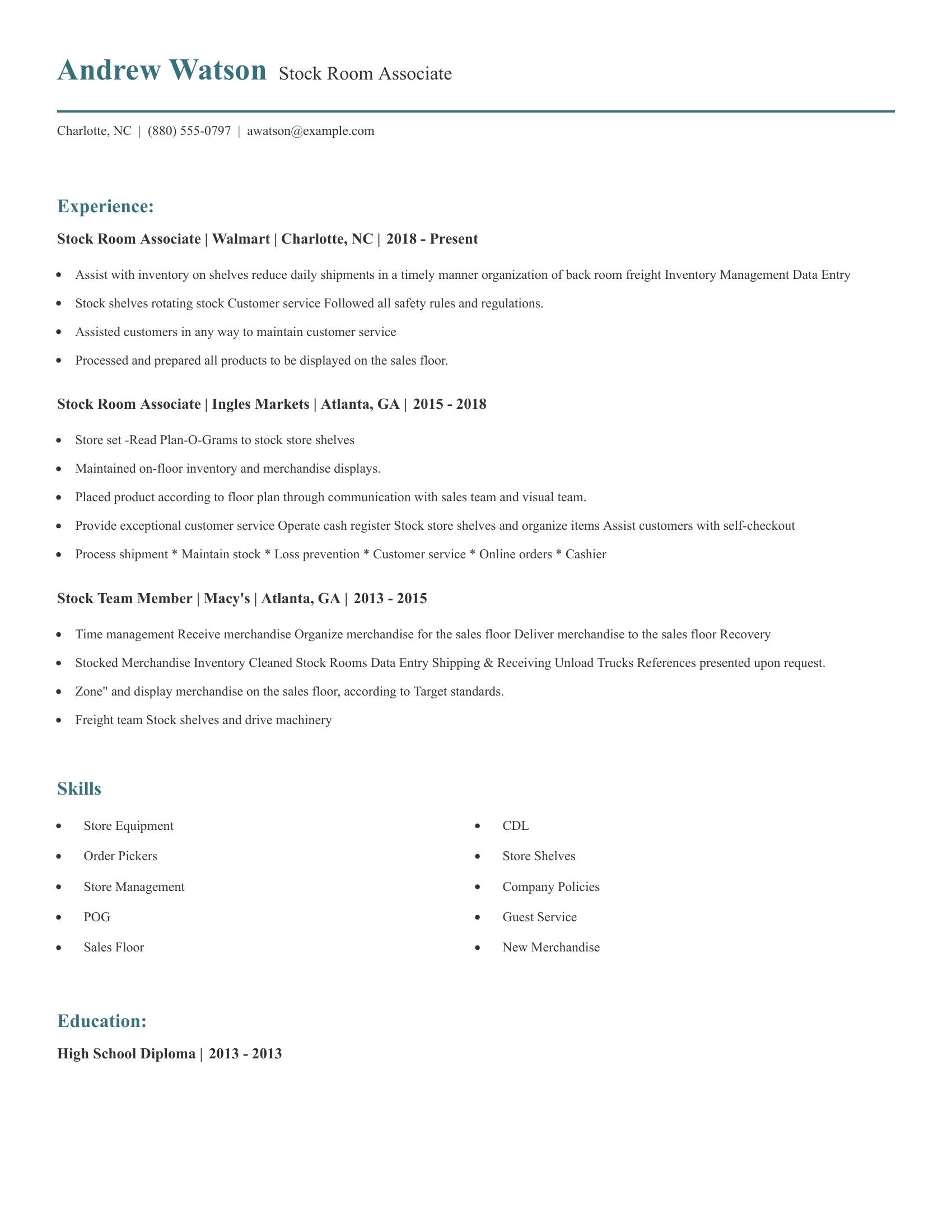 Stock Room Associate resume example