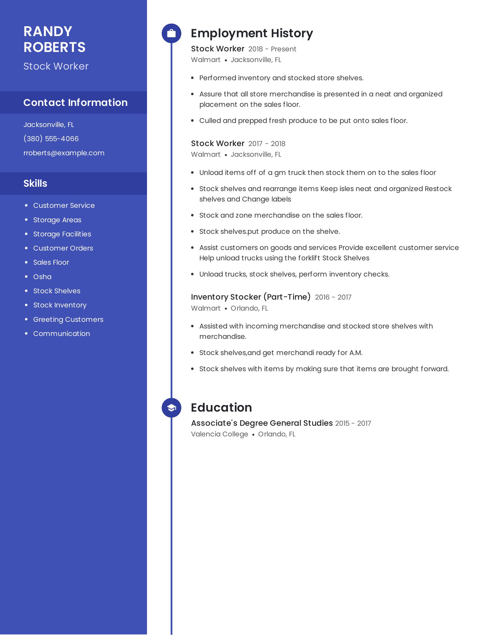 Stock Worker resume example