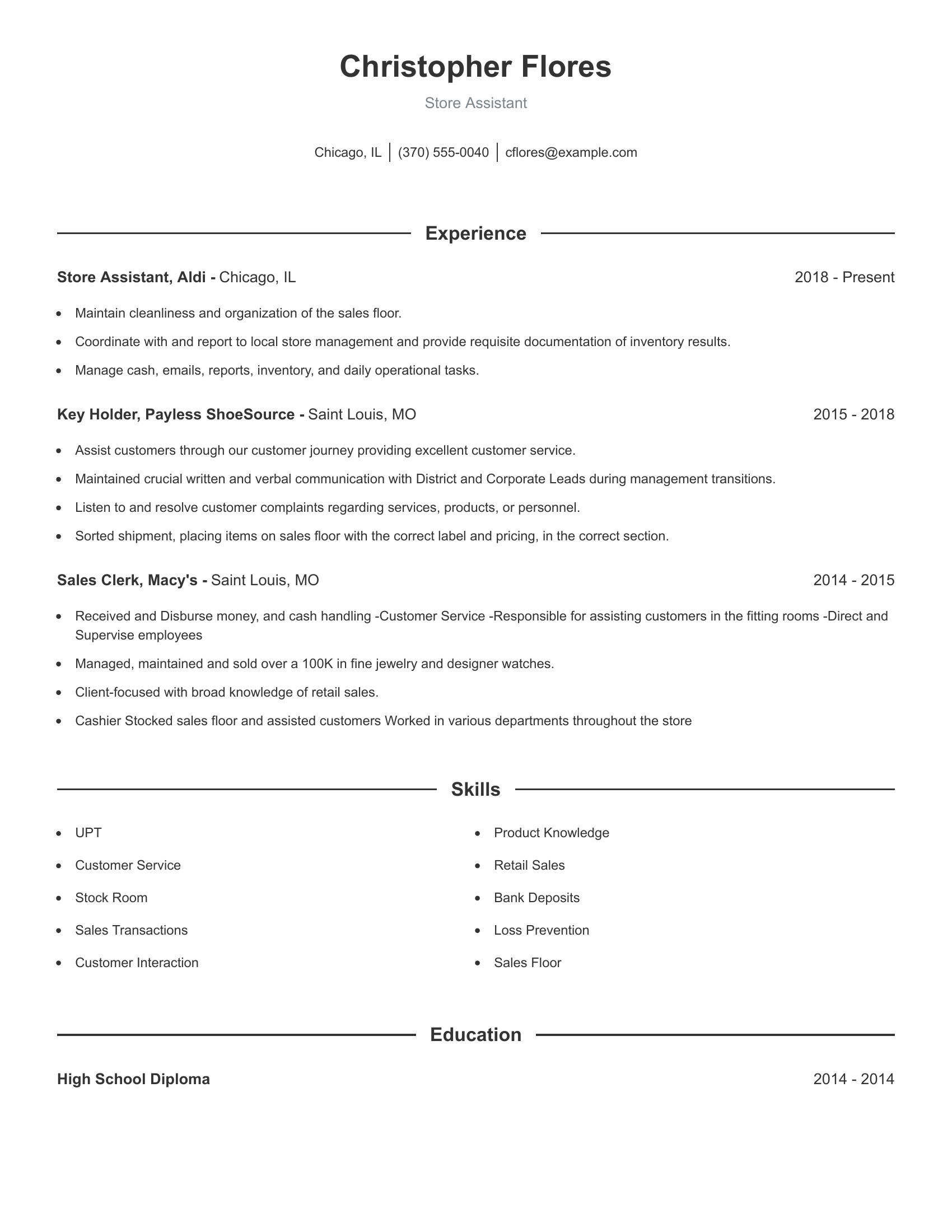 Store Assistant resume example