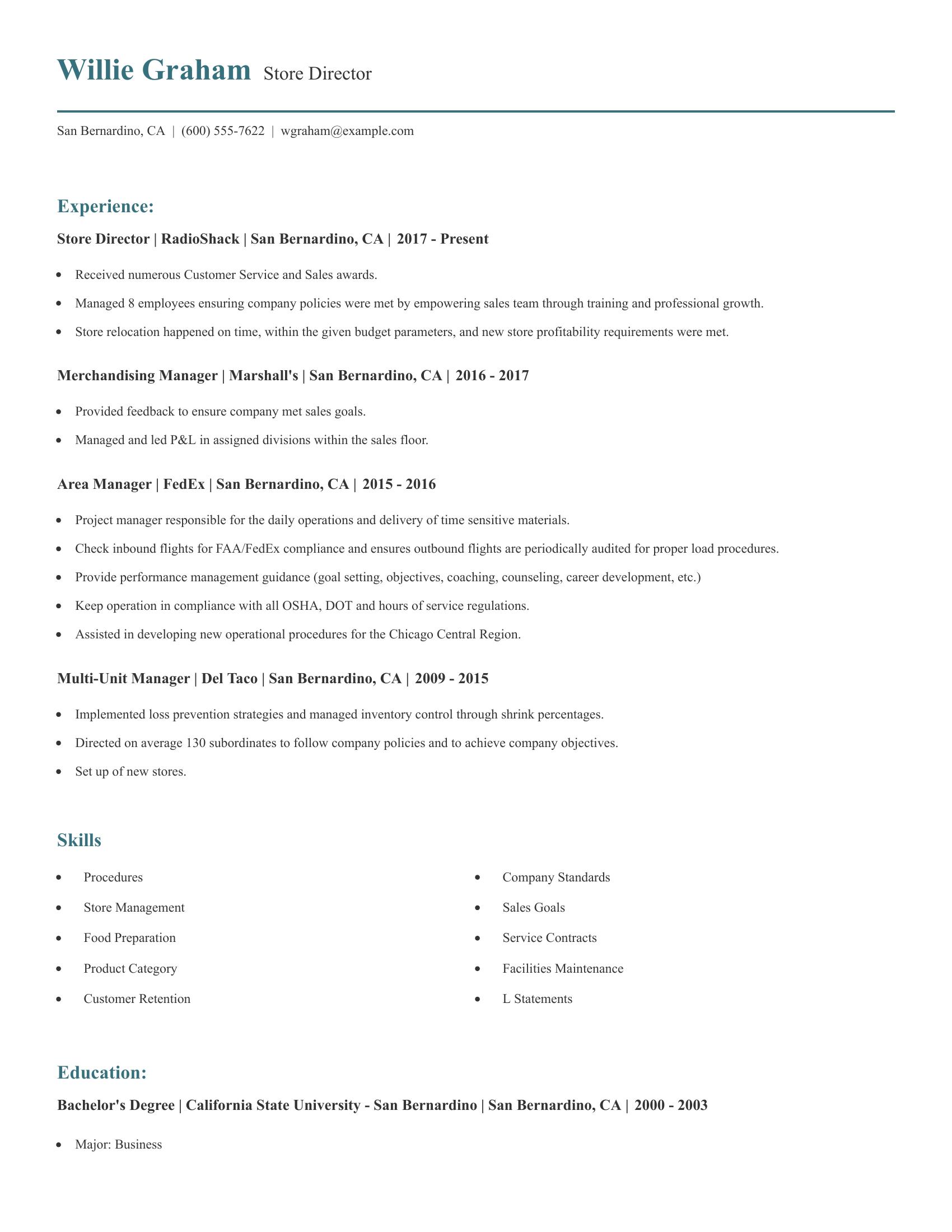 Store Director resume example