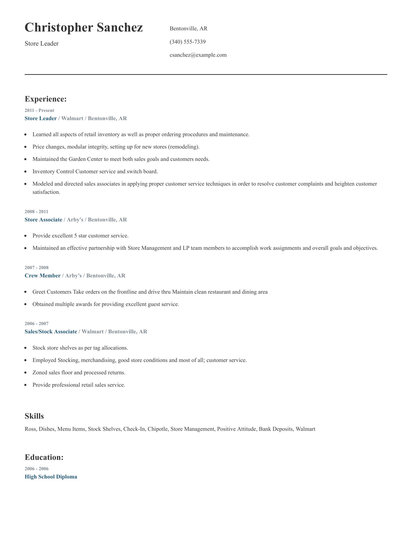 Store Leader resume example