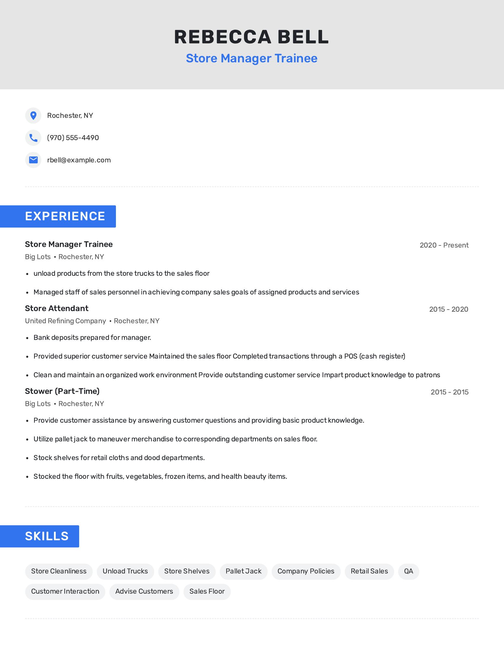 Store Manager Trainee resume example